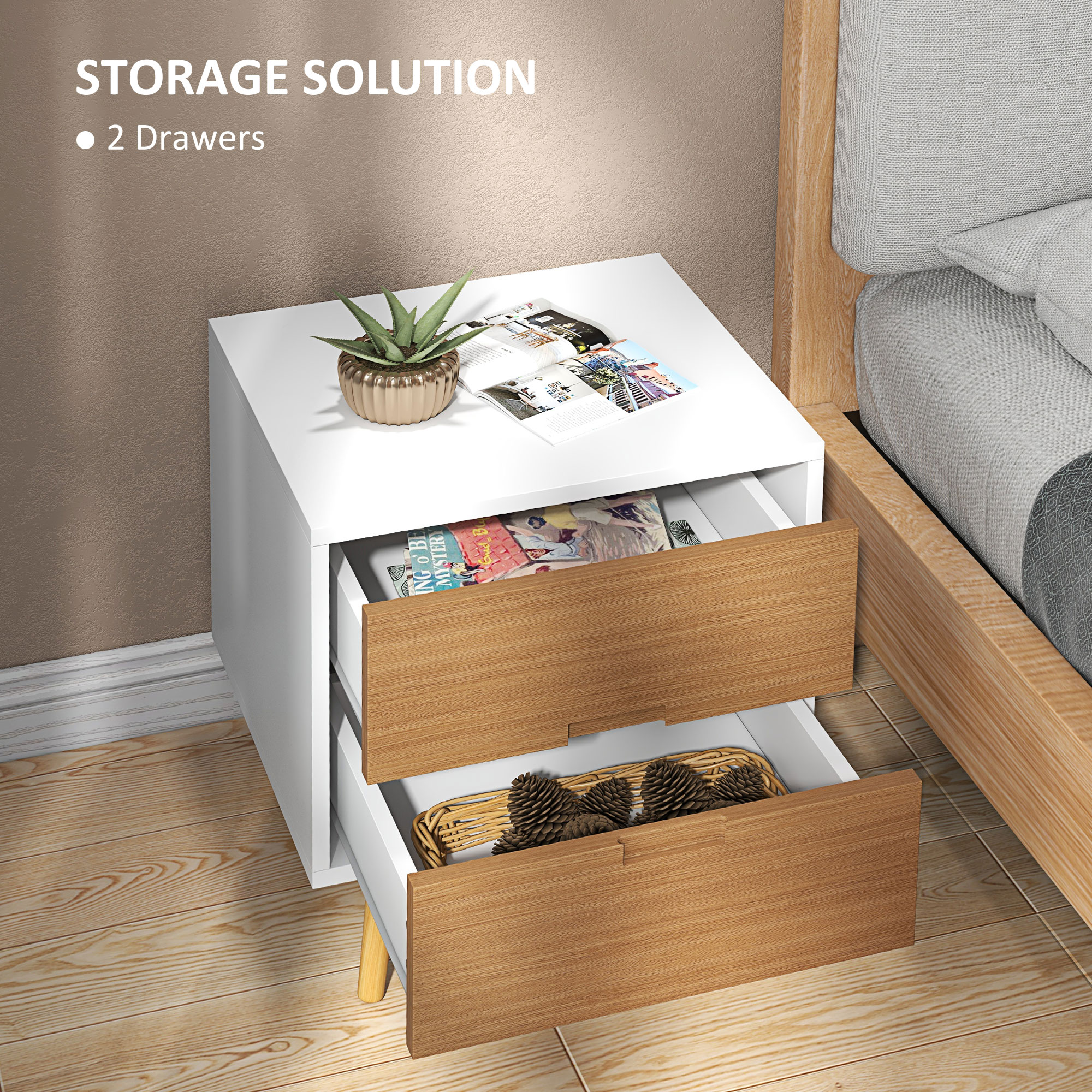 HOMCOM Wood Effect Wto-Drawer Bedside Table Brown/White 4