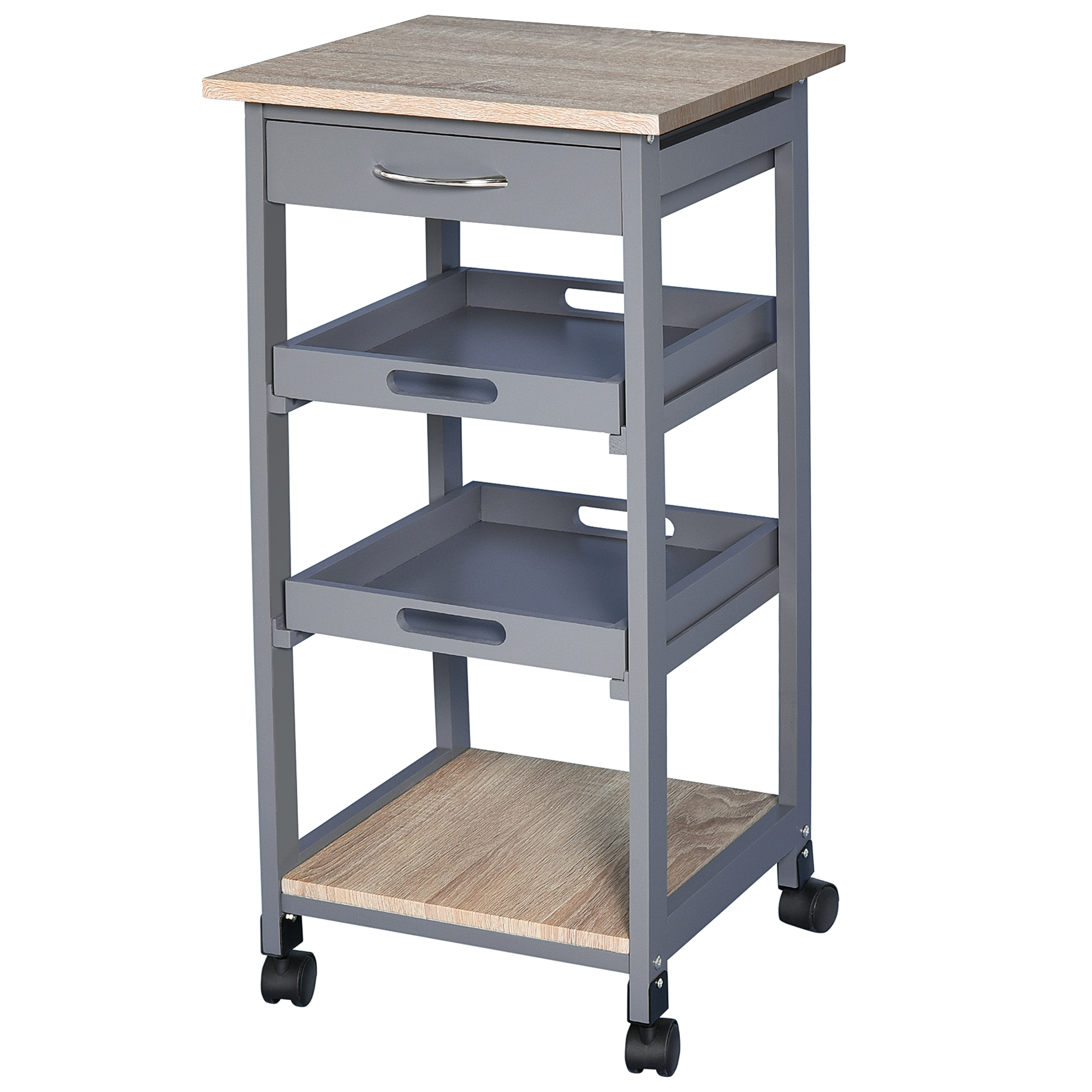 HOMCOM Chariot de service desserte de cuisine à roulettes 2 plateaux amovibles, tiroir, étagère MDF chêne clair bois pin gris