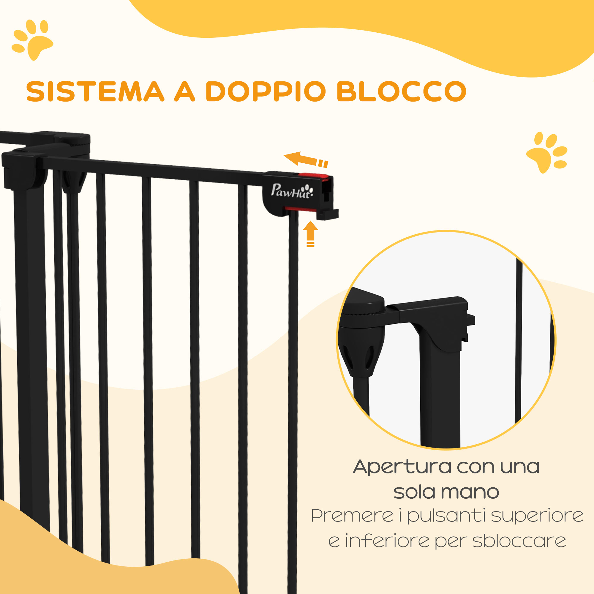 PawHut Cancelletto Per Cani Con Chiusura Automatica, Regolabile Da 74 A 105 Cm, In Acciaio E Legno, Nero, Per Cani Piccoli E Medi (Altezza 76.2 Cm)