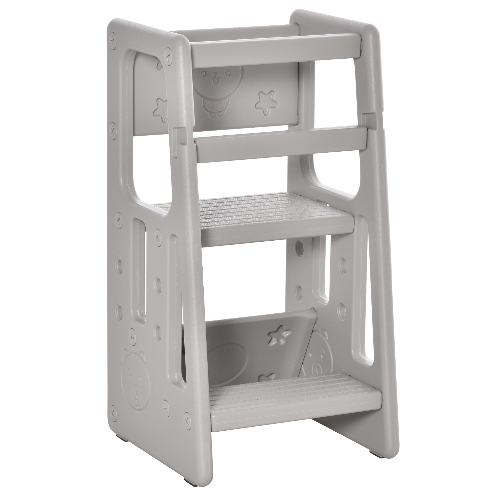 HOMCOM Torre de Aprendizaje para Niños Taburete Infantil con Altura Ajustable en 3 Posiciones para Cocina Baño 47x47x90 cm Gris | Aosom España