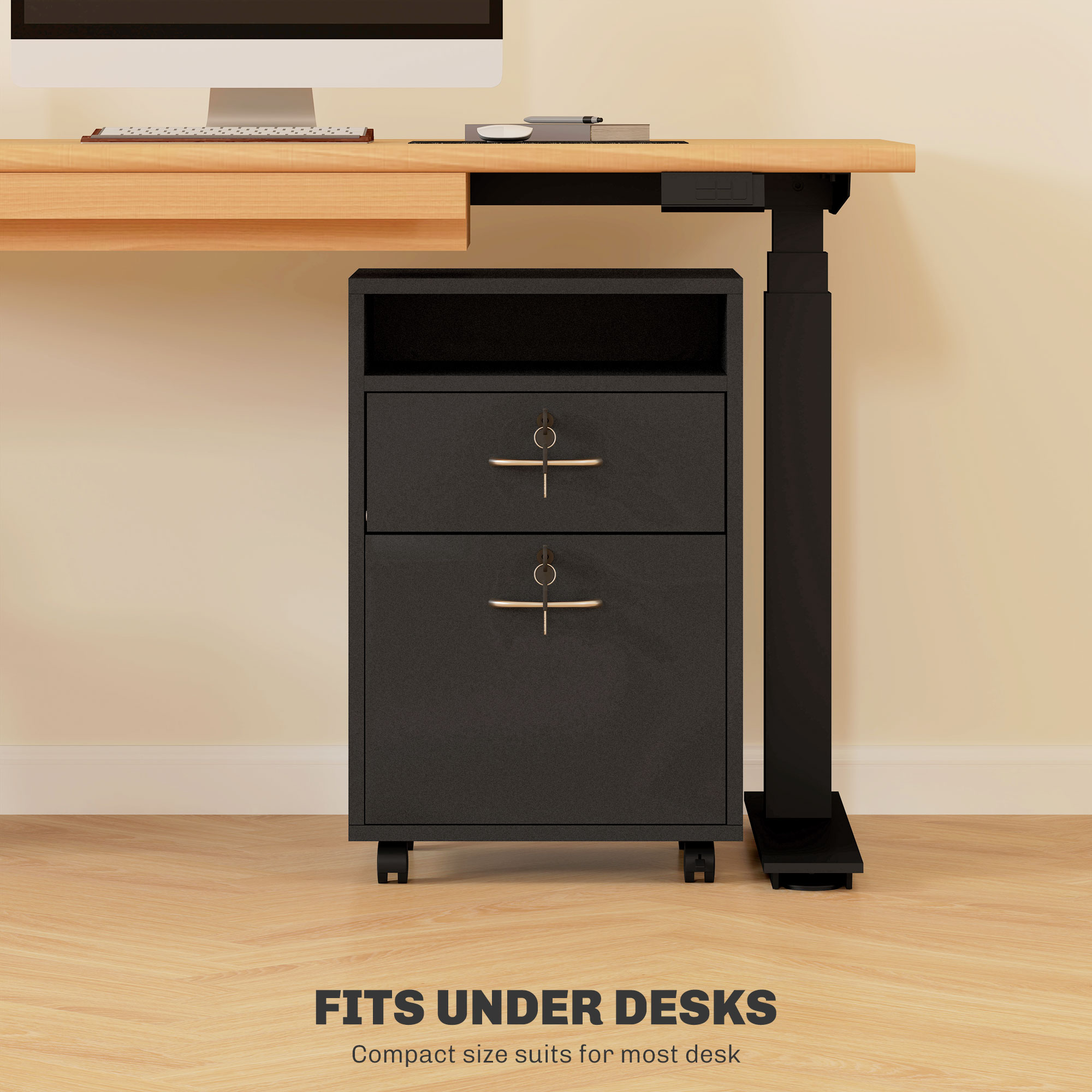 HOMCOM 60cm Filing Cabinet with Drawer, Open Shelf, Metal Handles and 4 Wheels, Office Home Organiser Mobile Printer with Two Locks, Black 5