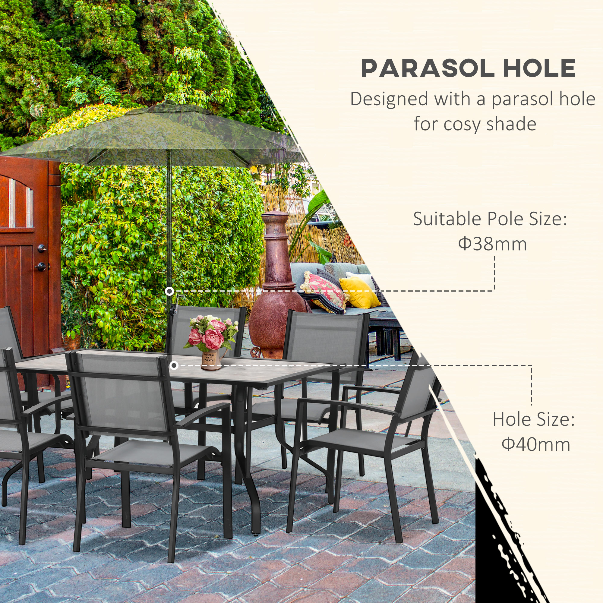 Outsunny 7 Pieces Garden Dining Set, 6 Seater Garden Table and Chairs with Parasol Hole, Outdoor Furniture Armchairs and Stone-like Plastic Top Table with Breathable Mesh Fabric Seat, Grey 6