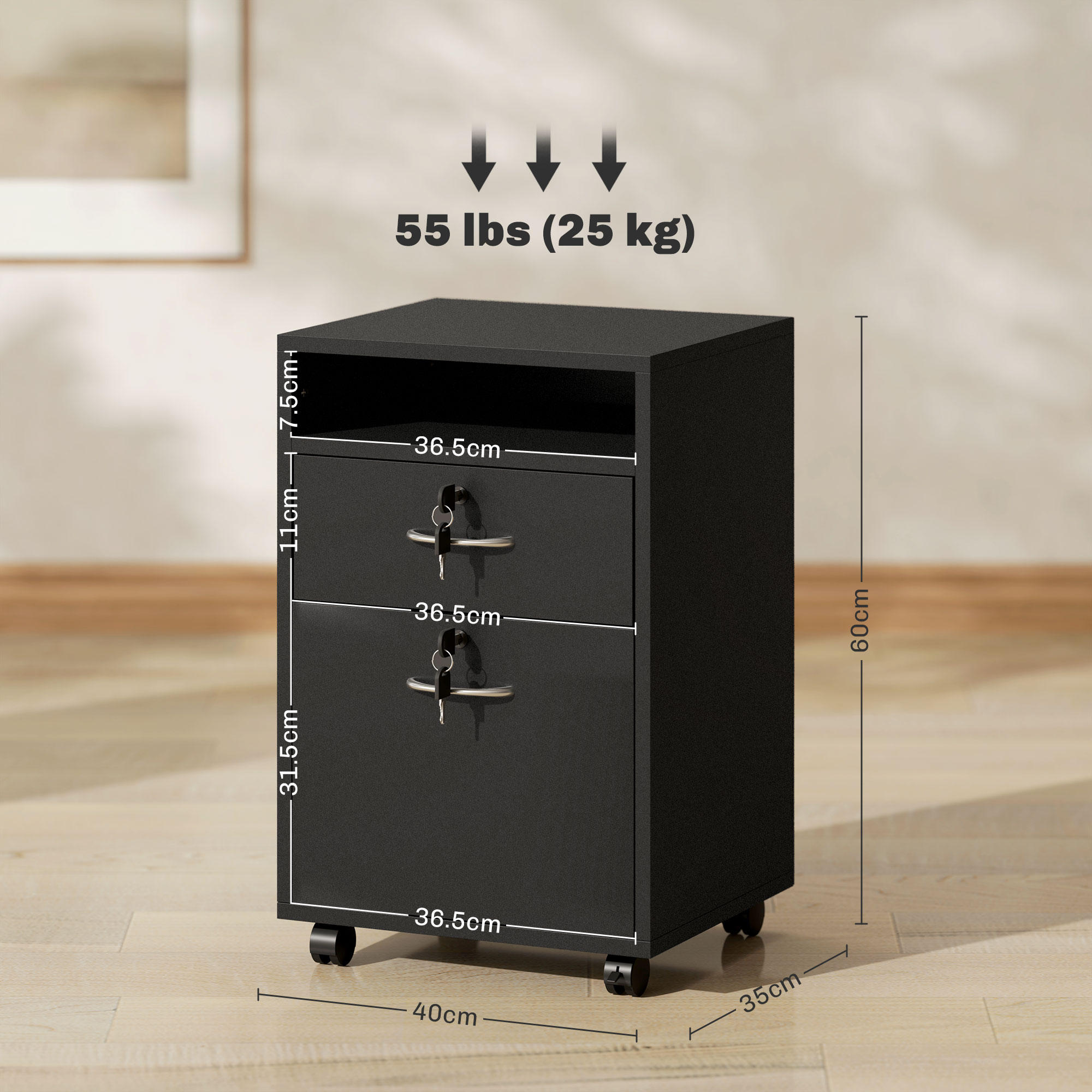 HOMCOM 60cm Filing Cabinet with Drawer, Open Shelf, Metal Handles and 4 Wheels, Office Home Organiser Mobile Printer with Two Locks, Black 3