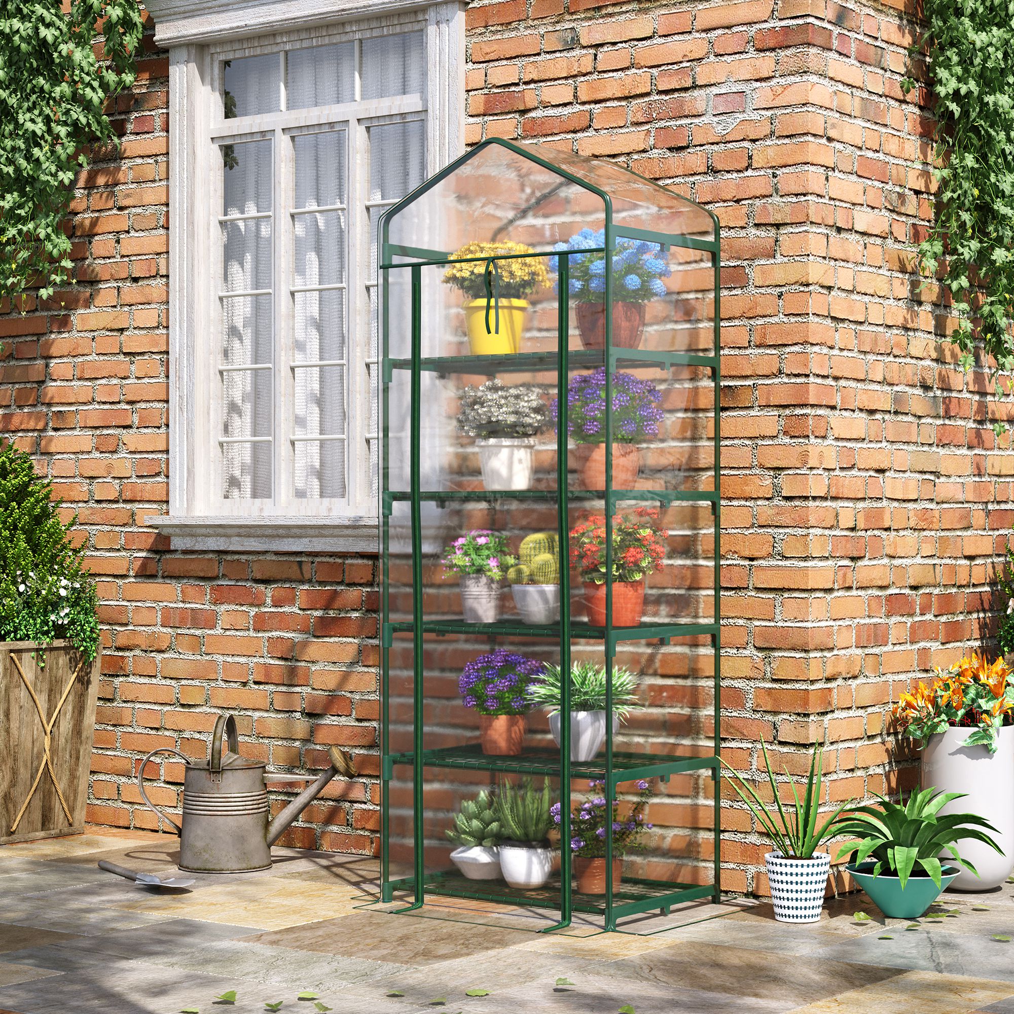 Outsunny 5 Tier Mini Greenhouse, Small Walk-in Greenhouse with Reinforced Plastic Cover, Garden Grow House with Roll Up Door and Shelves, 69 x 49 x 193cm, Green 2