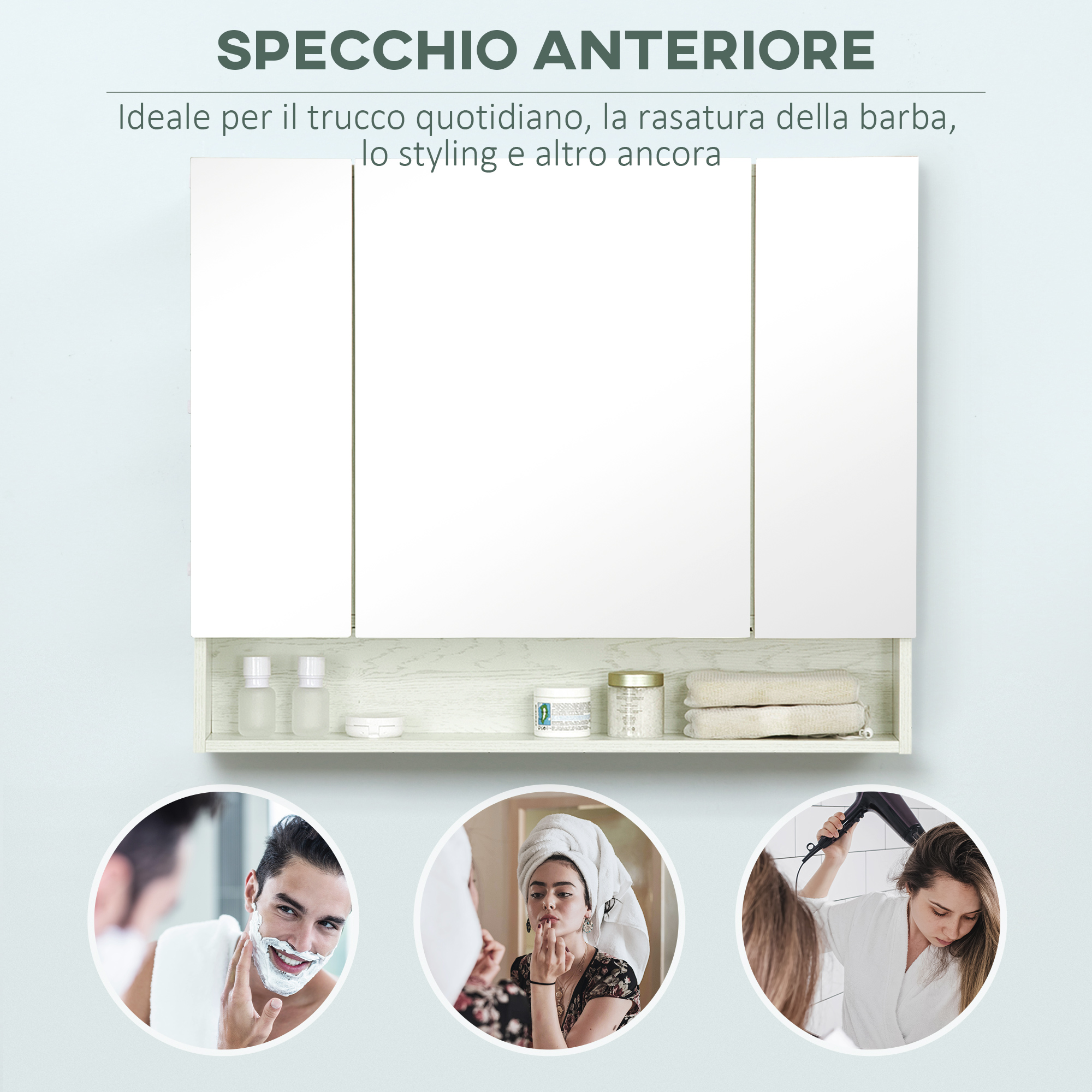 Kleankin Armadietto Da Bagno A Specchio Con Anta Scorrevole – 46x66x12 Cm, 3 Ripiani In Acciaio Inox