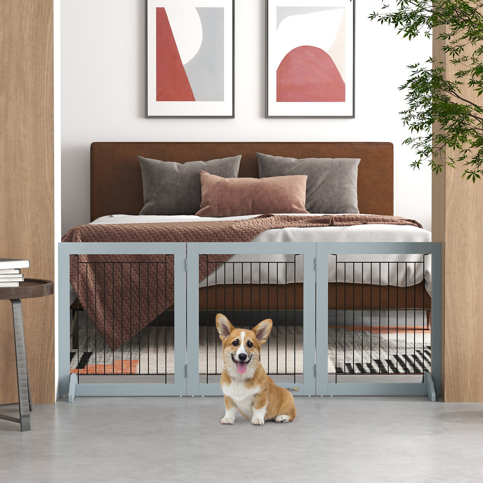 PawHut Foldable Wooden Pet Gate w/ 3 Panels 2 Support Feet for Small Dogs White
