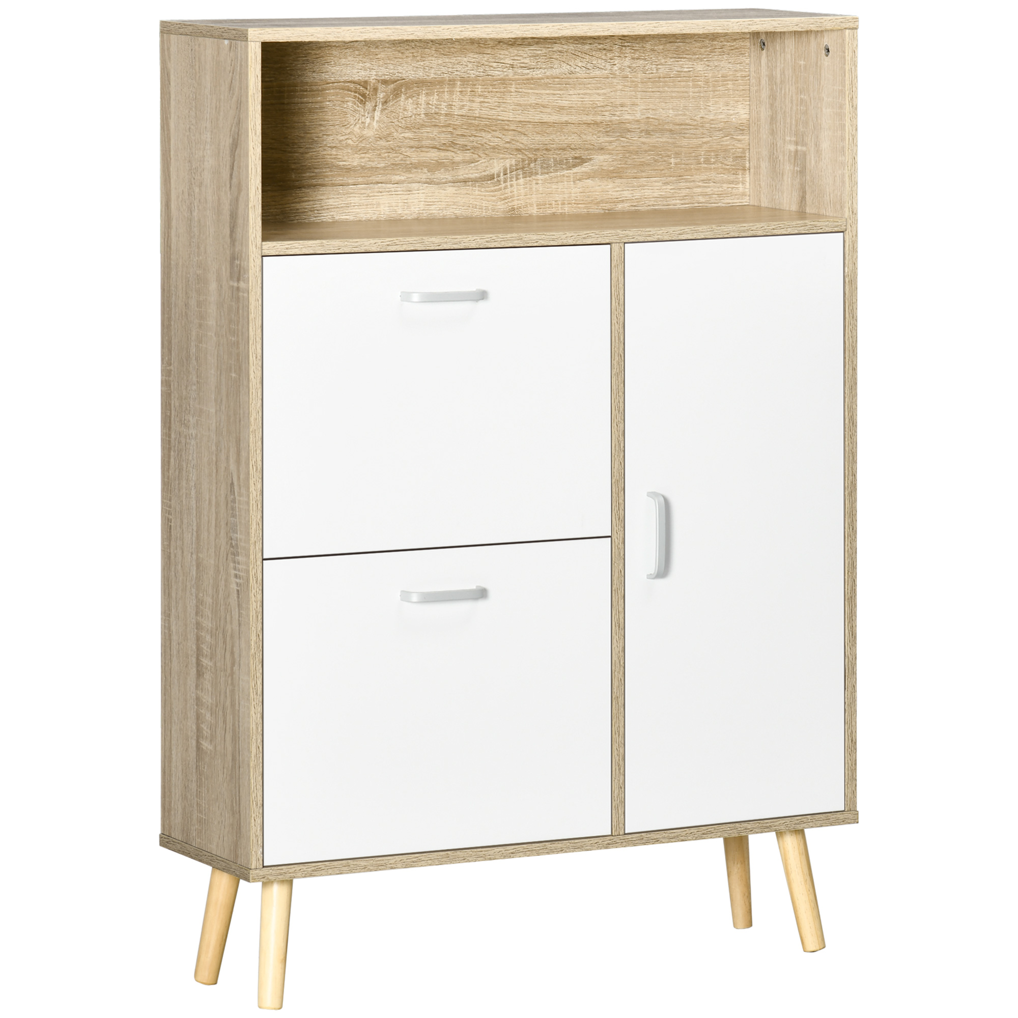 HOMCOM Mueble Zapatero para 8 Pares de Calzado con 2 Cajones Abatibles Armario y Balda 80x25,5x112,5 cm Natural y Blanco   Aosom España