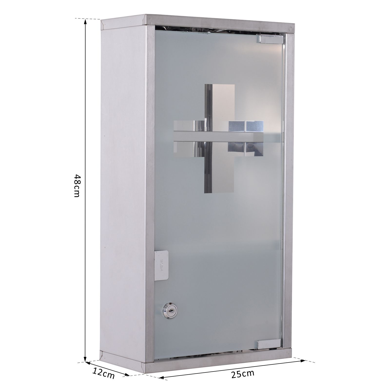 Armadietto Portamedicinale In Metallo Con 3 Ripiani E Porta In Vetro - 48x25 Cm - Acciaio Inox Con Serratura E 2 Chiavi - Incluso Sistema Tip-On