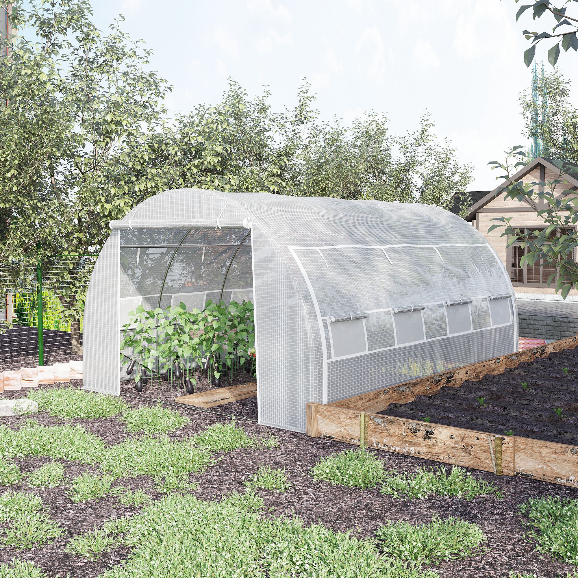 Outsunny 4 x 3 x 2 m Polytunnel Greenhouse with Roll-up Side Walls, Walk-in Grow House Tent with Steel Frame, Reinforced Cover, Zipped Door and 12 Mesh Windows for Garden, White 2