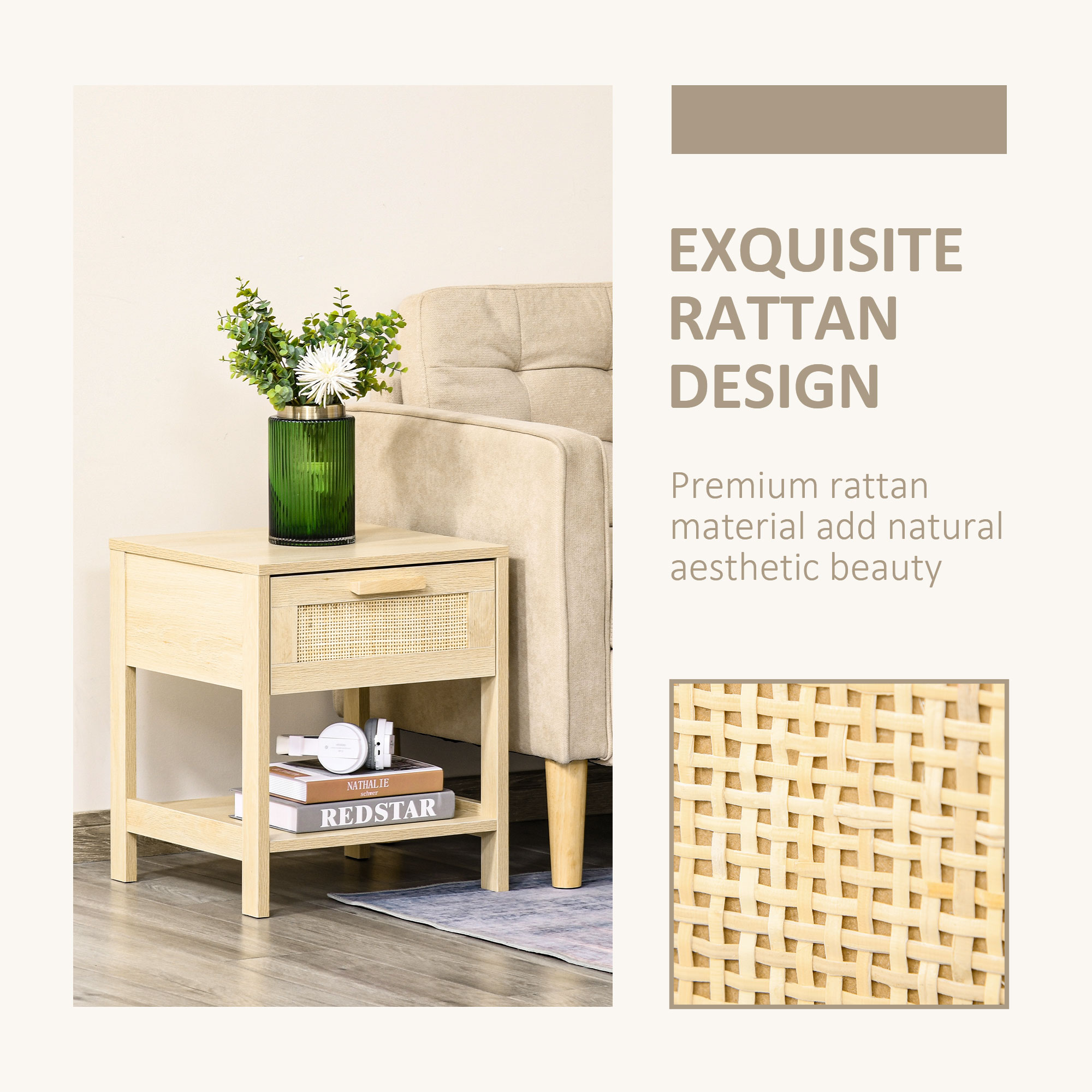 HOMCOM Bedside Table, Nightstand with Rattan Drawer and Storage Open Shelf, Farmhouse Side Table for Bedroom, Living Room, Set of 2 4