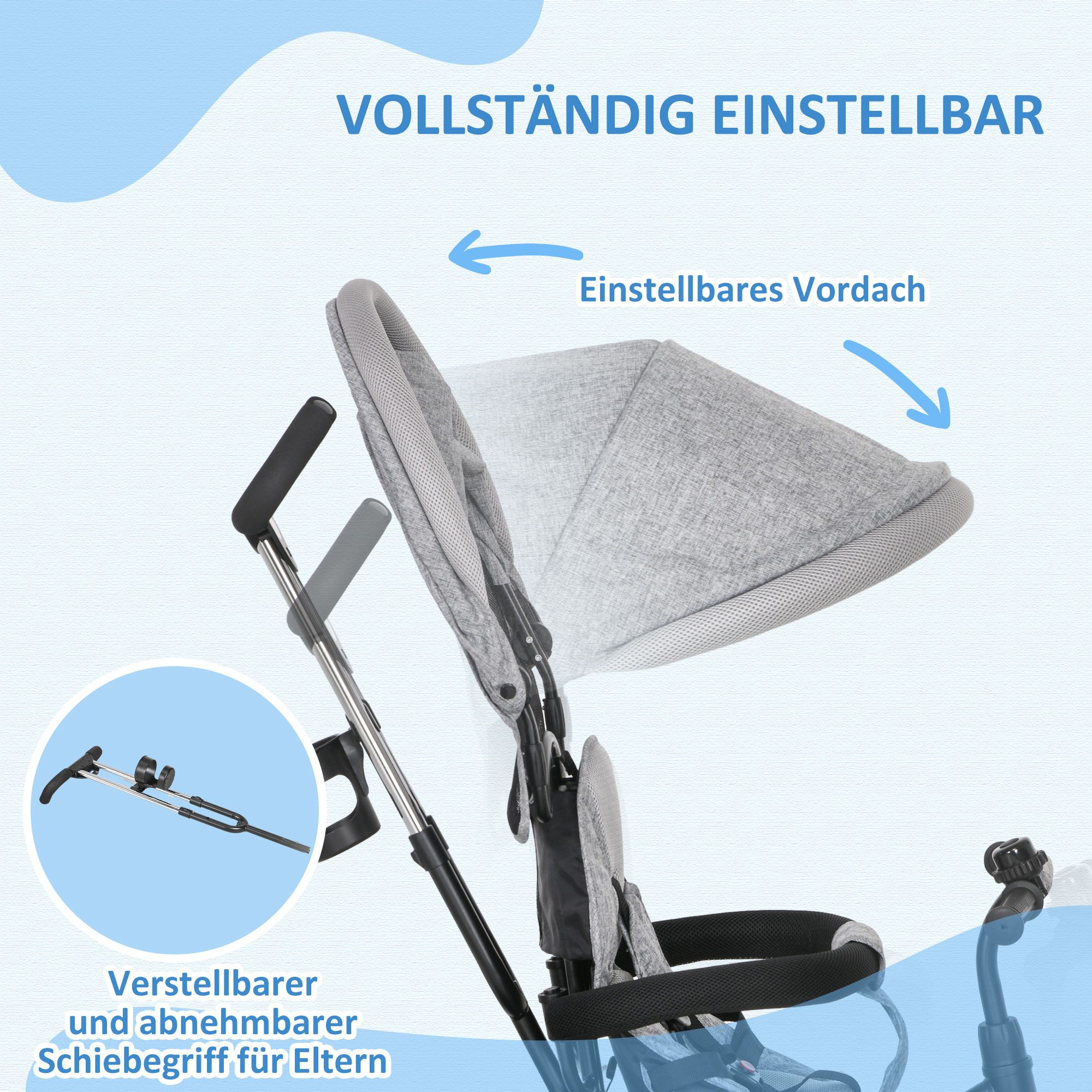 6-ühes laste kolmerattaline ratas lükkesanga, varikatuse, rakmete ja hoiukorviga, 1-5 aastat, hall