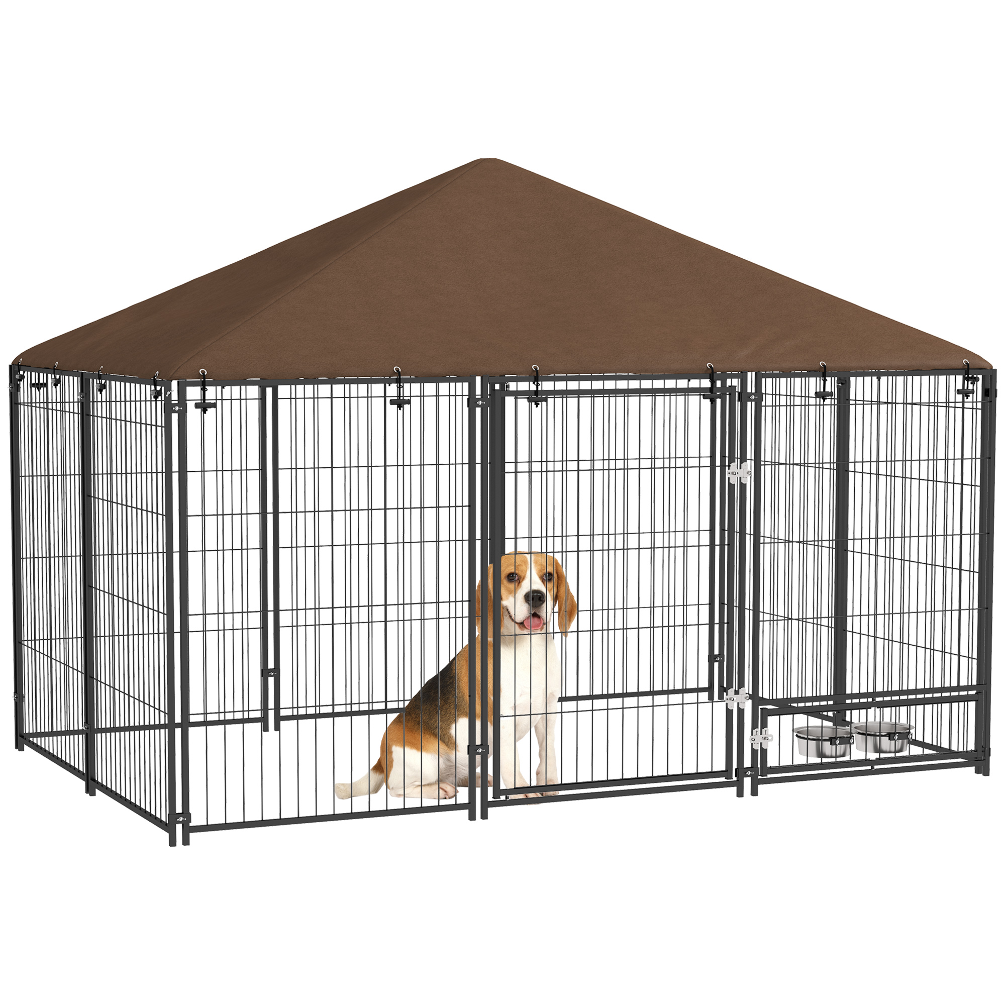 PawHut Outdoor Dog Kennel Puppy Play Pen with Canopy Garden Playpen Fence Crate Enclosure Cage Rotating Bowl 141 x 141 x 151 cm