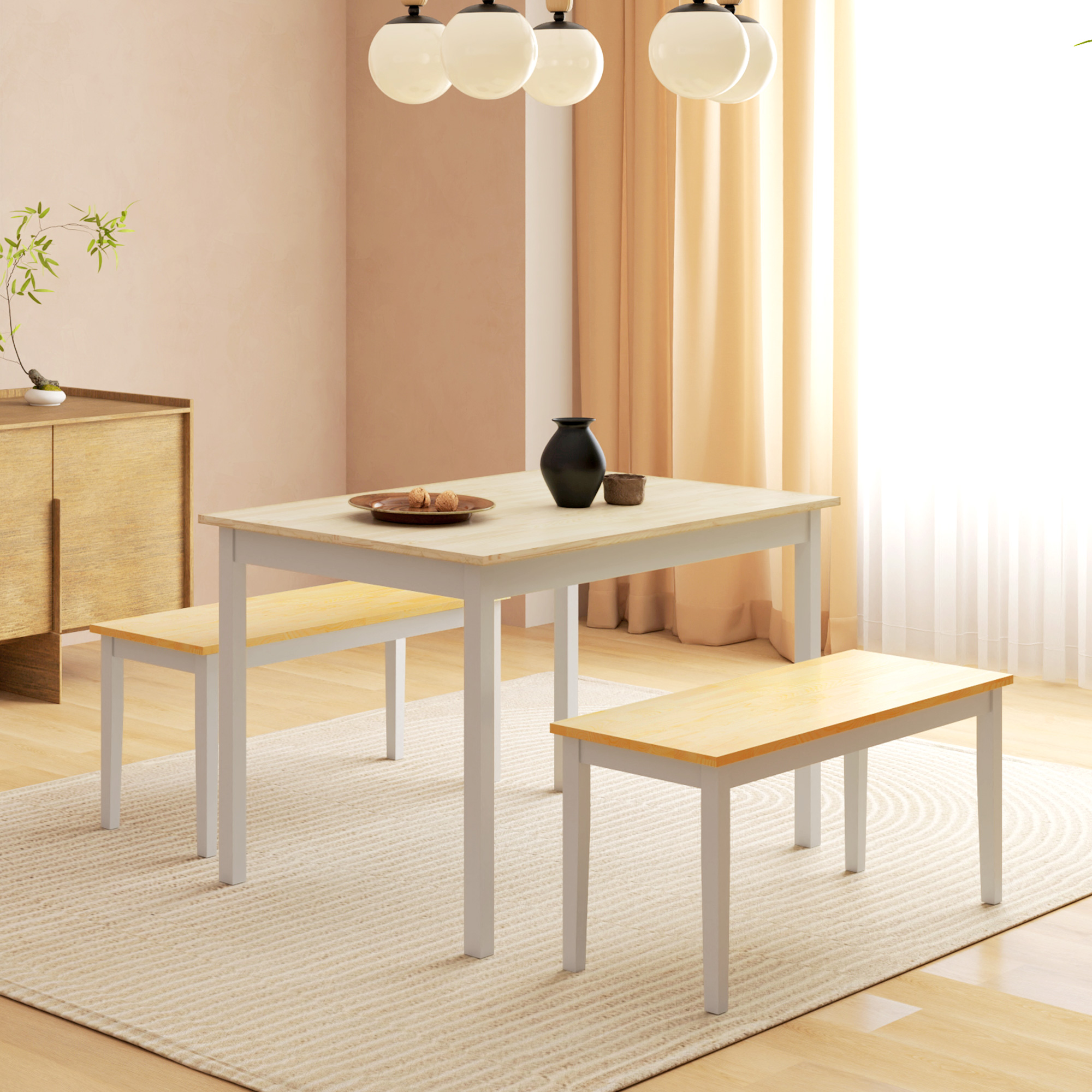 HOMCOM Dining Table and Bench Set, Farmhouse Kitchen Table and Bench with Wooden Frame for Living Room, Dining Room, Natural and White 4