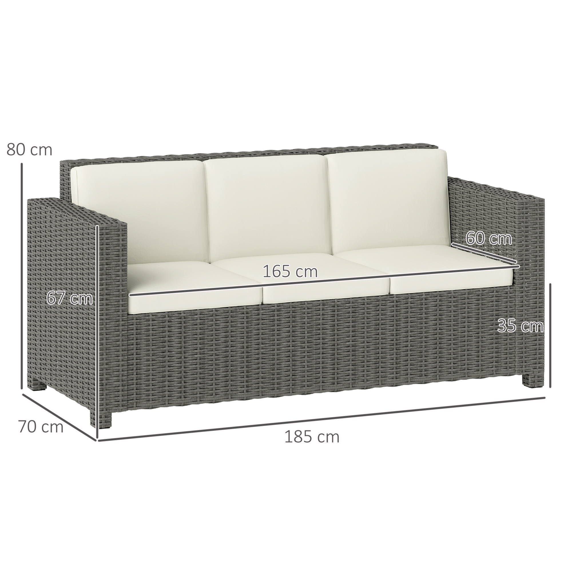 Outsunny 3 Seater Rattan Sofa All-Weather Wicker Weave Metal Frame Chair with Fire Resistant Cushio-Cream 3