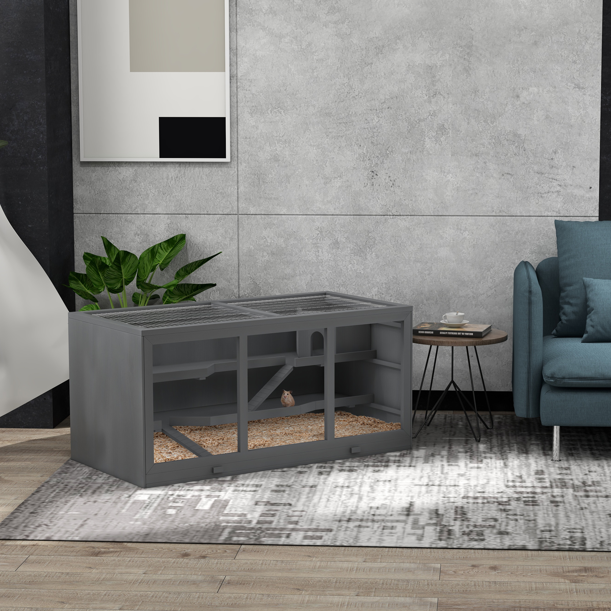 PawHut Large Hamster Cage, Gerbil Cage with Tubes, Storage Shelf, Ramps, Platforms, Running Wheel - Black