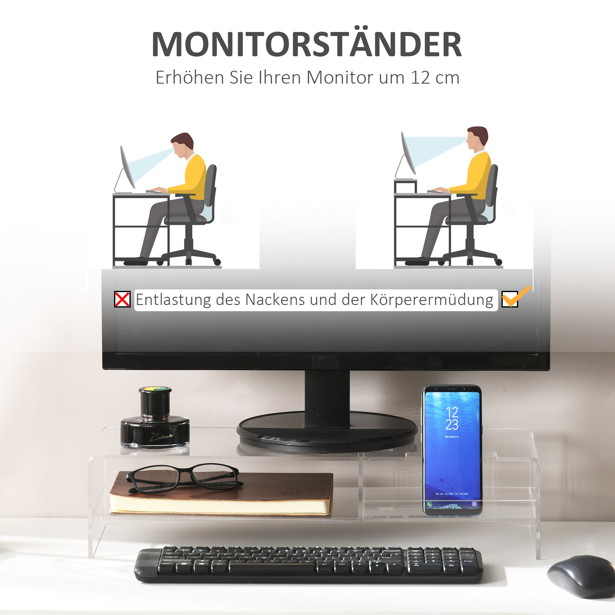 Monitorialus klaviatuuri sektsiooniga, läbipaistev, kuni 24-tollistele monitoridele, 2 riiulit, akrüül, 50,8 x 19 x 12 cm