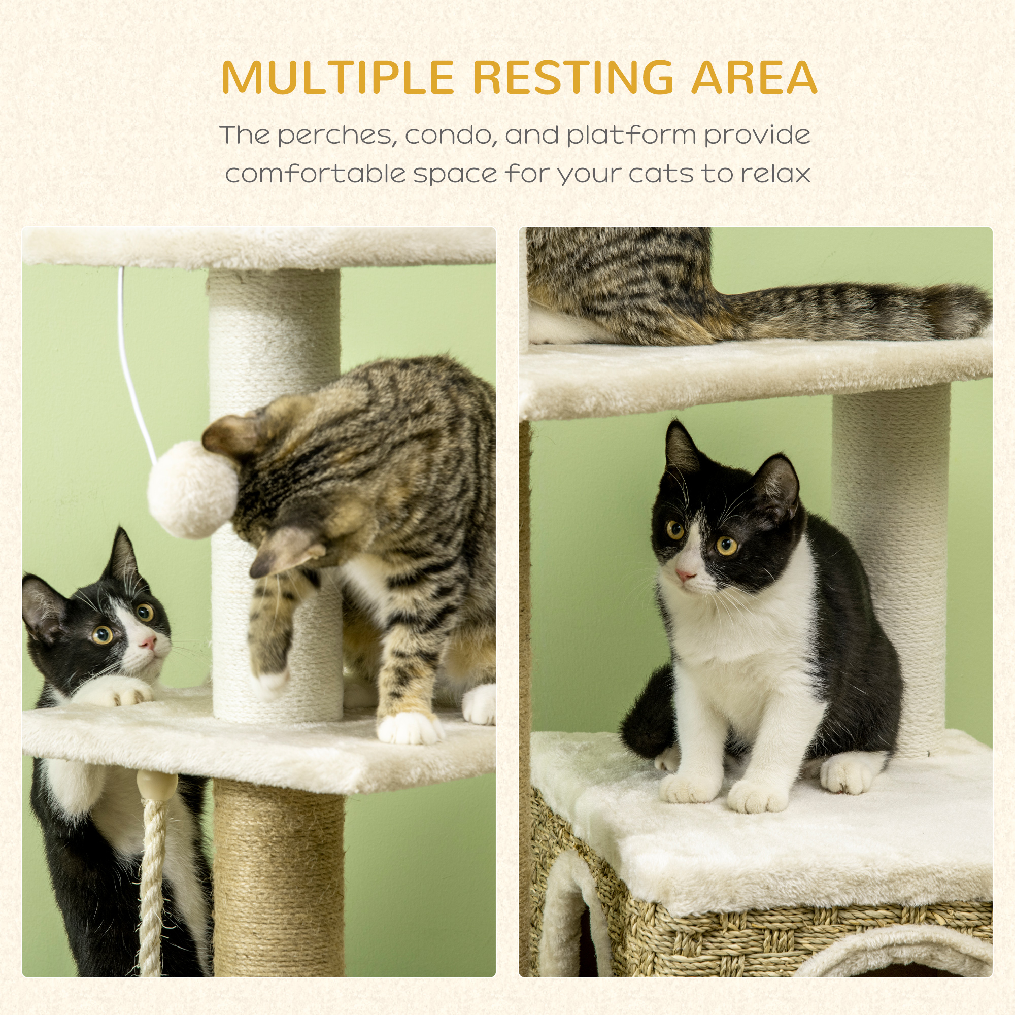 PawHut Cat Tree, with Scratching Post, Cat House & Hanging Toy Ball Beige 5