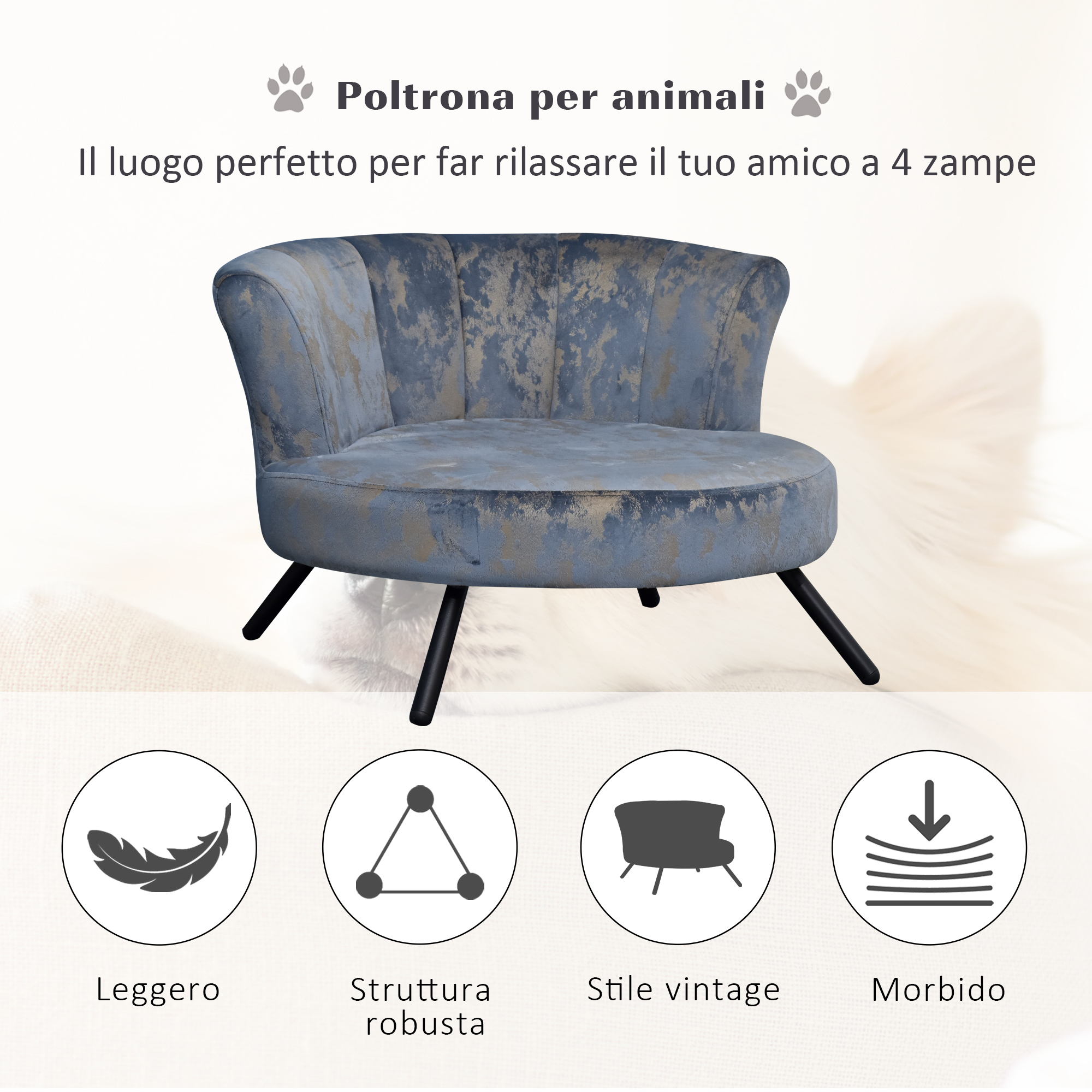 PawHut Divano per Cani di Piccola Taglia e Gatti con Rivestimento in  Velluto Blu e Oro