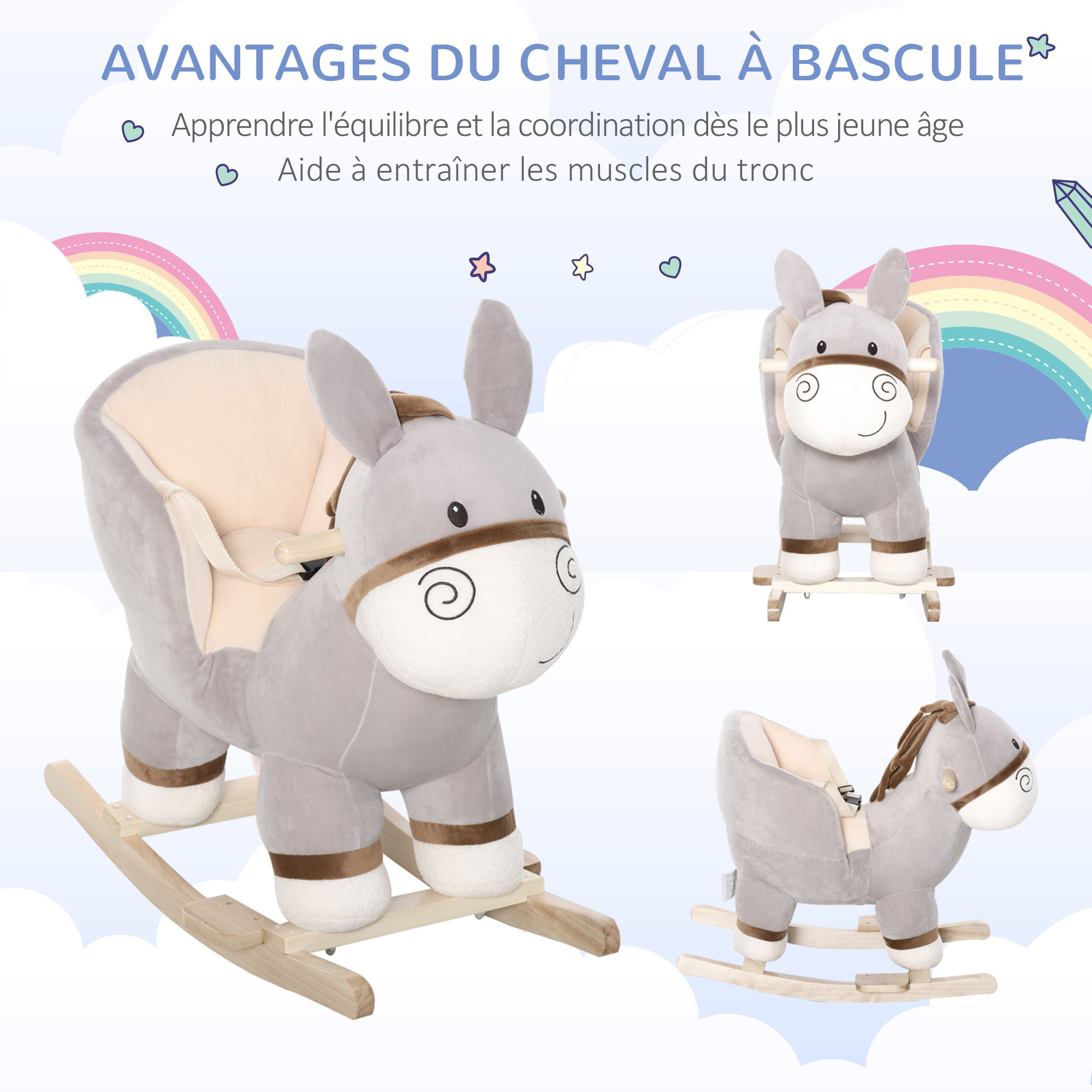 HOMCOM Cheval à Bascule En Peluche – Grande Selle Confortable, Bois Peuplier, Sons Authentiques, Charge 45 Kg, 65 X 32,5 X 61 Cm