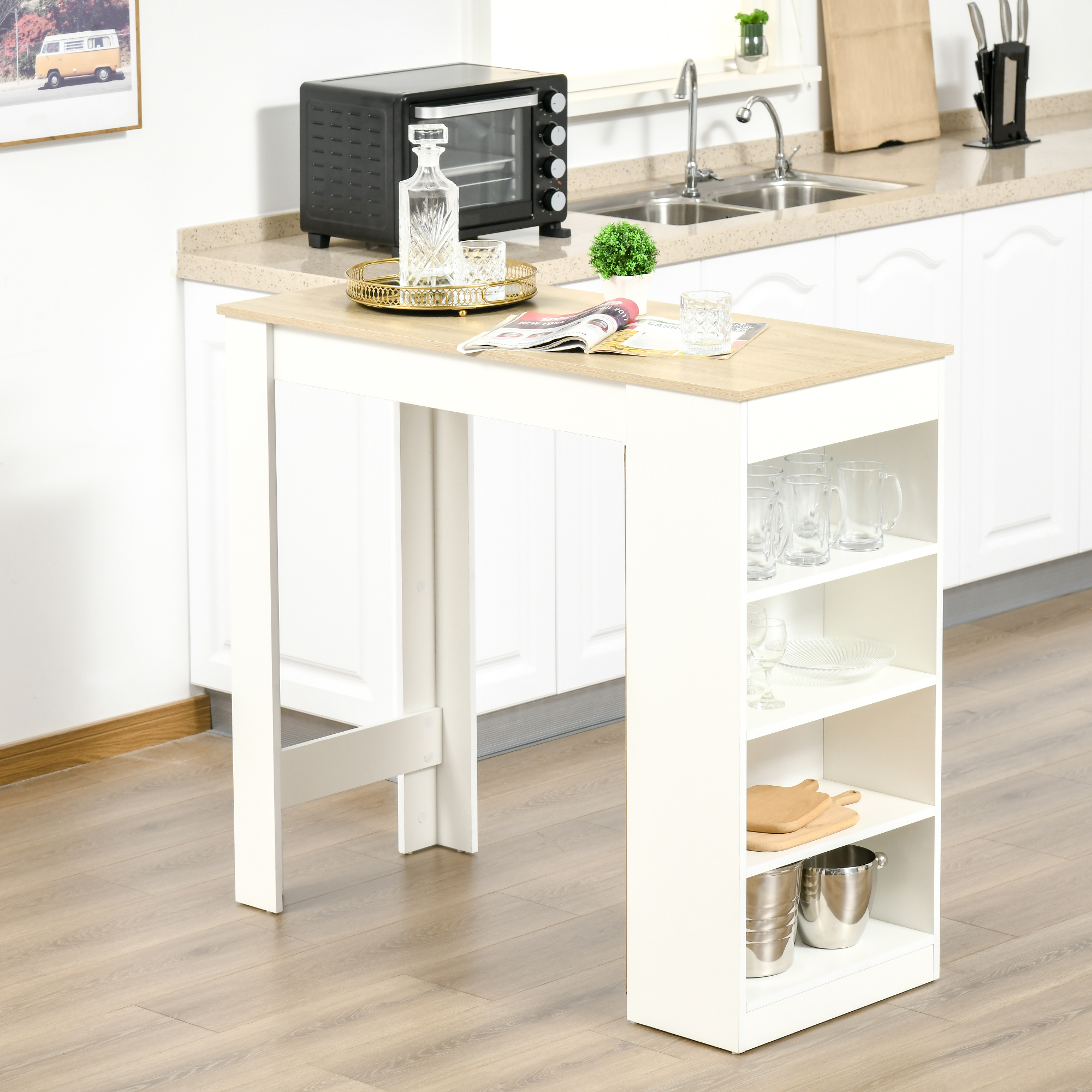 HOMCOM Bar Table, Dining Table with 4-Tier Storage Shelf for Breakfast Bar, Kitchen, Dining Room, Living Room, Natural 6