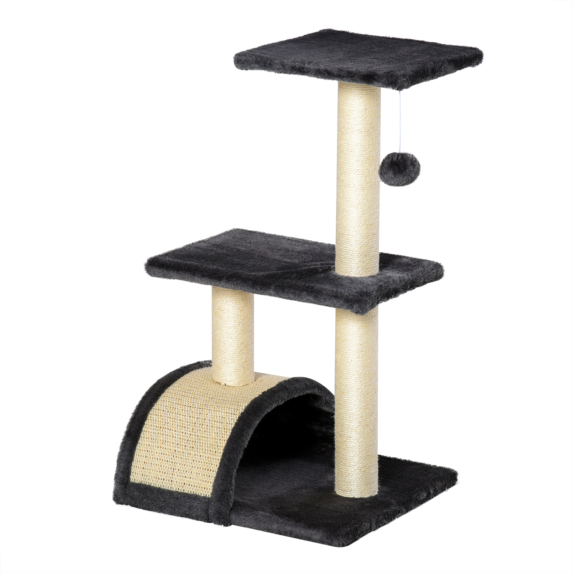 PawHut Kratzbaum stabil, Katzenbaum für kleine Katzen, mit Spielbällen, Kratzbrett, Sitzstangen, stabil, Dunkelgrau Aosom