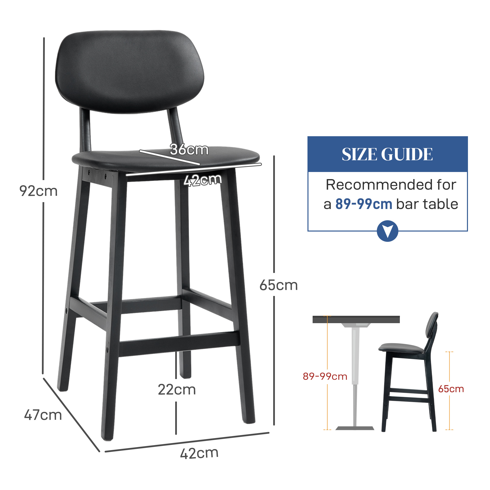 HOMCOM Set of Two Wooden Classic Bar Stools, with Faux Leather Seats Black 3