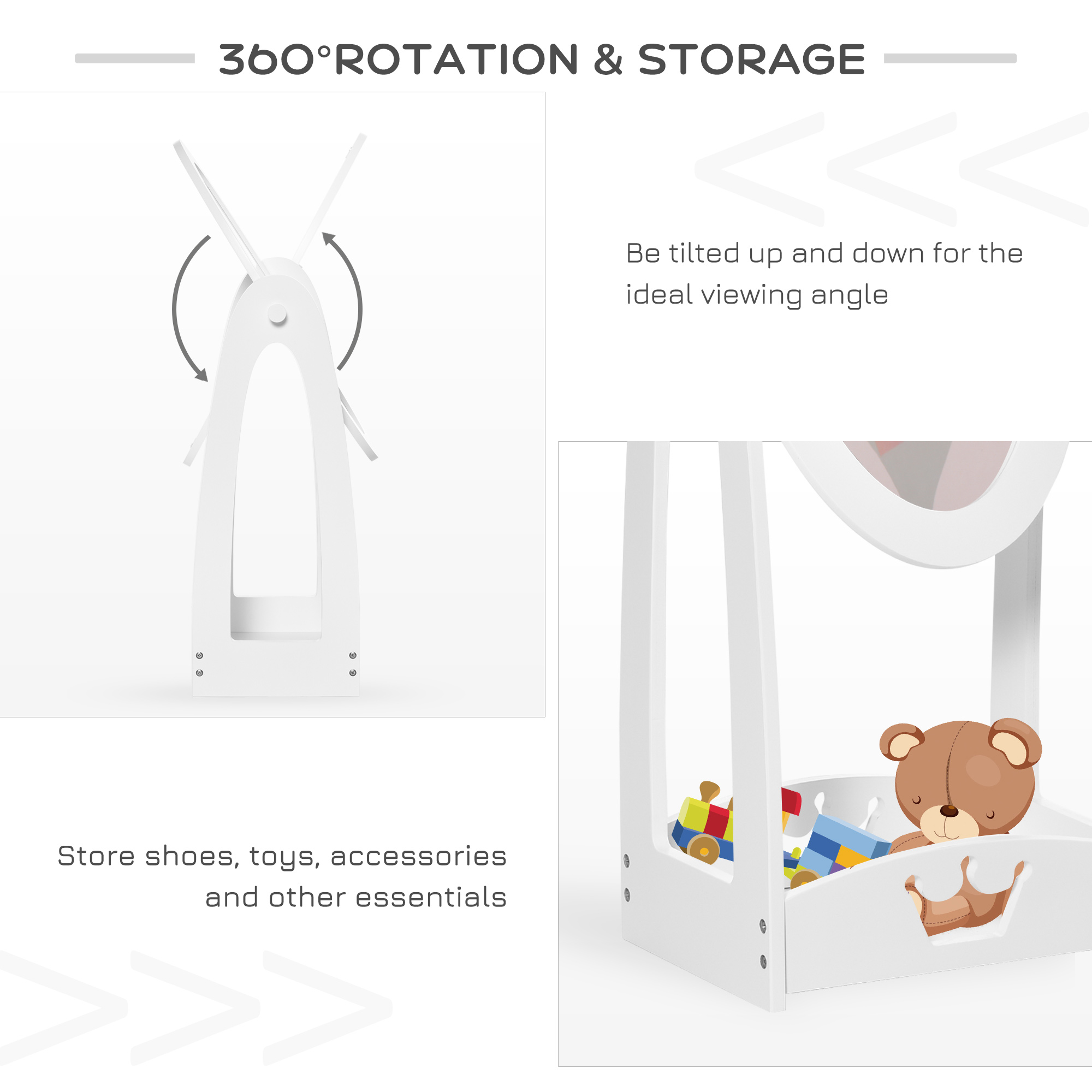 HOMCOM Kids Clothes Rail and Mirror Set 360° Rotation Free Standing Full Length Mirror and Hanging Rack with Storage Shelves Child's Dressing Mirror Garment Wardrobe White 6