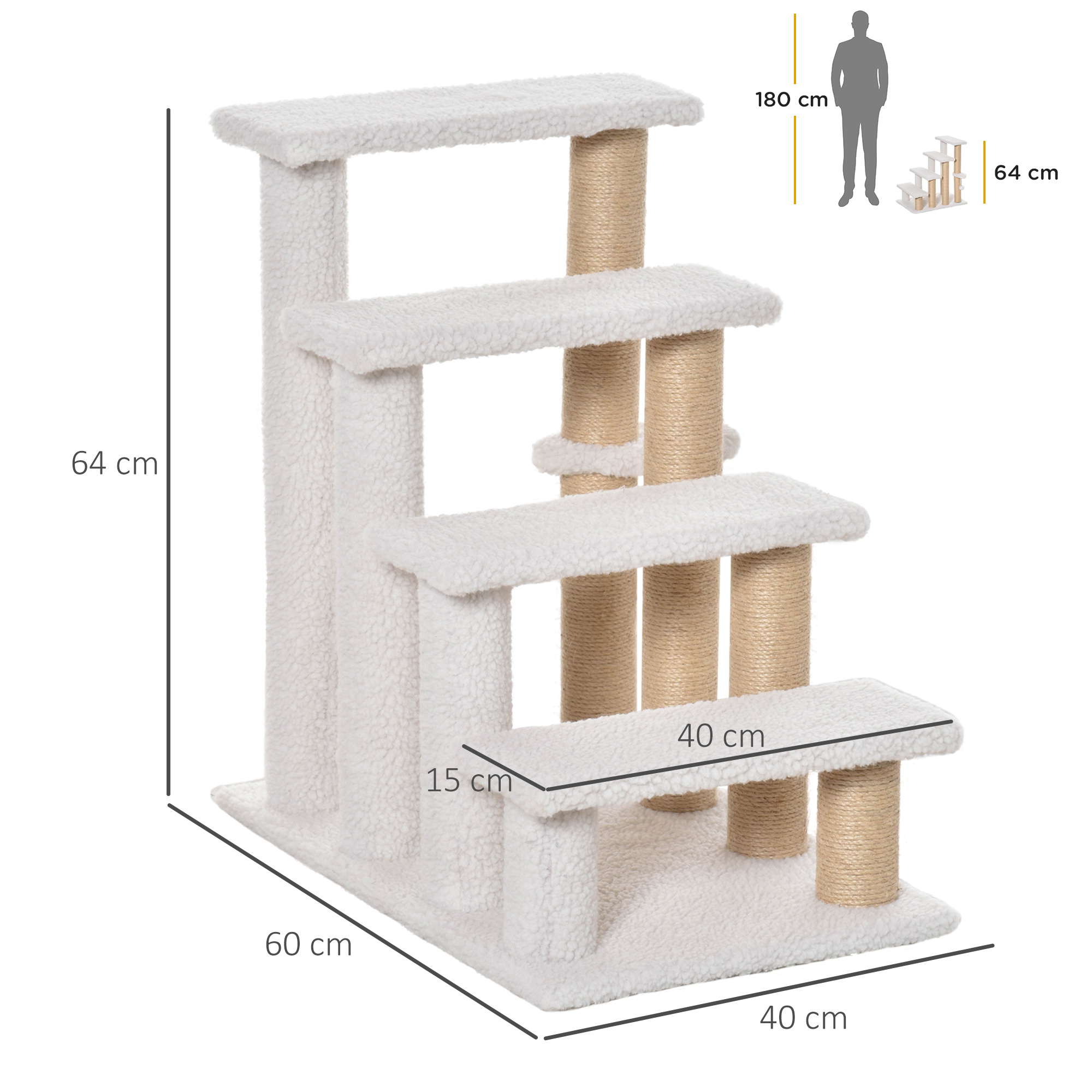 PawHut Pet Stair with 4-step Climb Ladder, Scratching Posts, Platforms, Toy Ball, for Indoor Elderly Cats Kittens, White 3