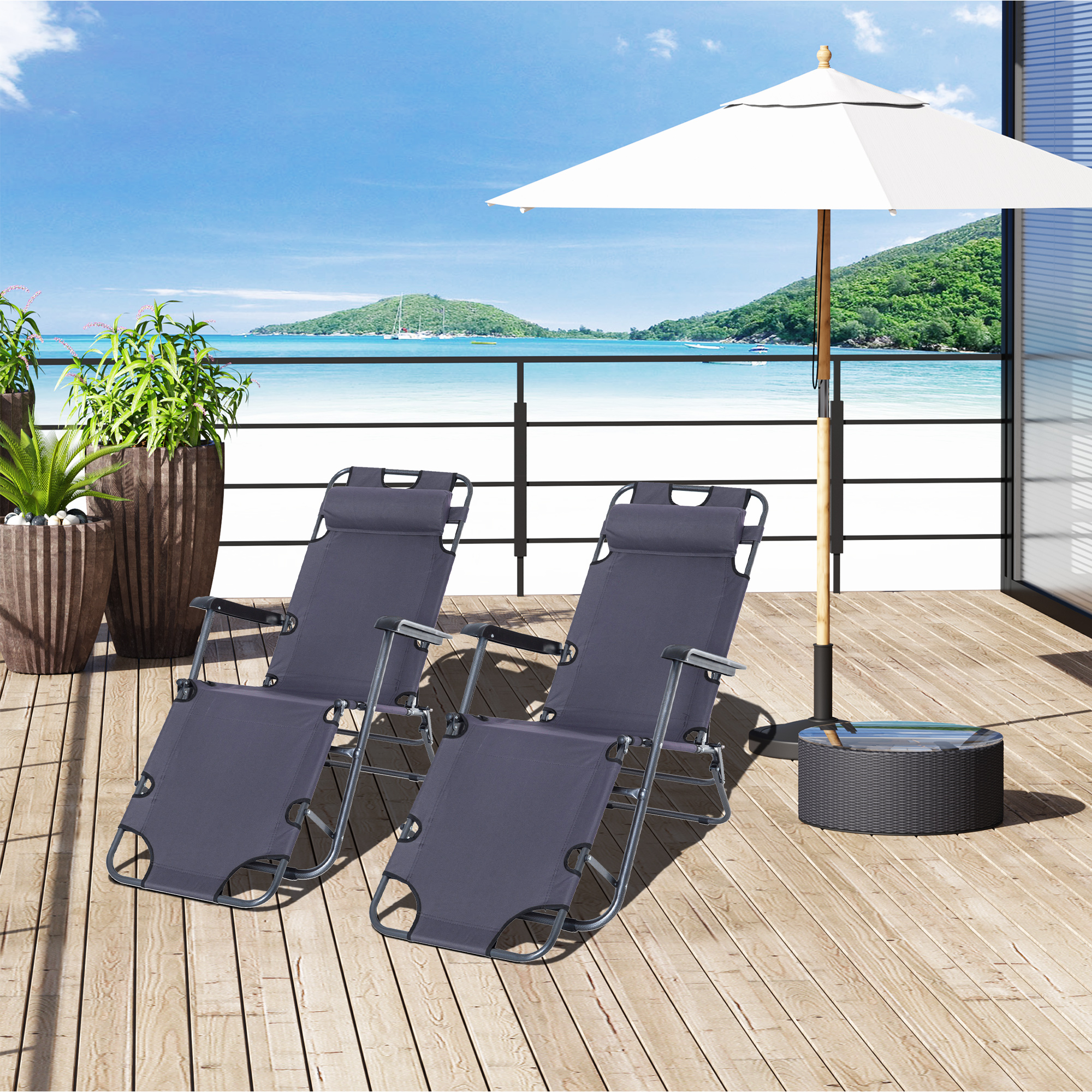Outsunny 2 in 1 Folding Sun Lounger Reclining Garden Chair Set of 2 with 2-Level Adjustable Backrest, Outdoor Zero Gravity Recliner Garden Chairs with Head Pillow and Armrests, Grey 2