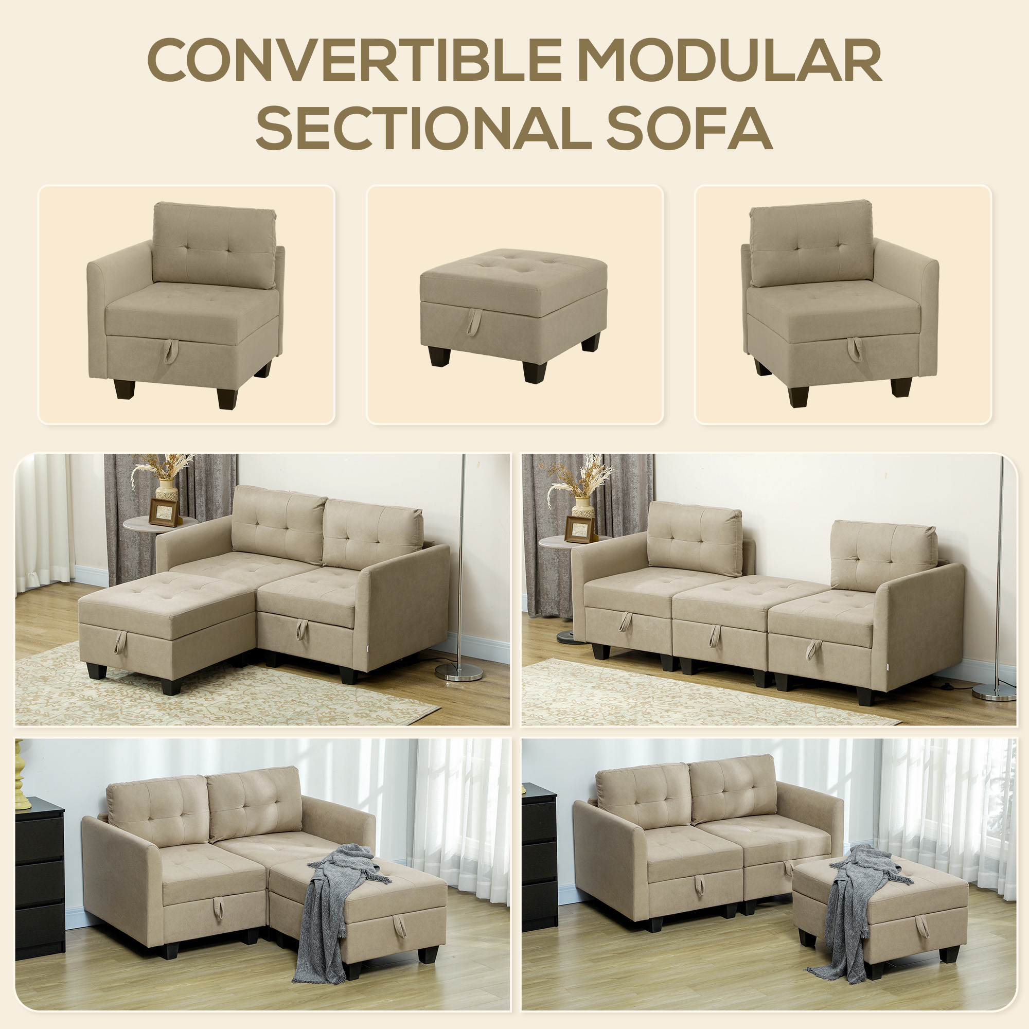 HOMCOM 'L' Shape Modular Storage Sofa Light Brown 4