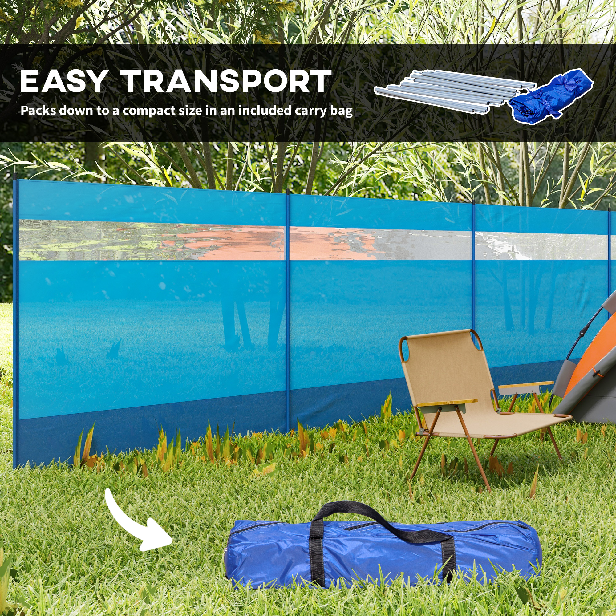 Outsunny Camping Windbreaker with Clear Windows, Carry Bag and Steel Poles, for Beach Caravan Campervan, 725 x 140cm, Blue 7
