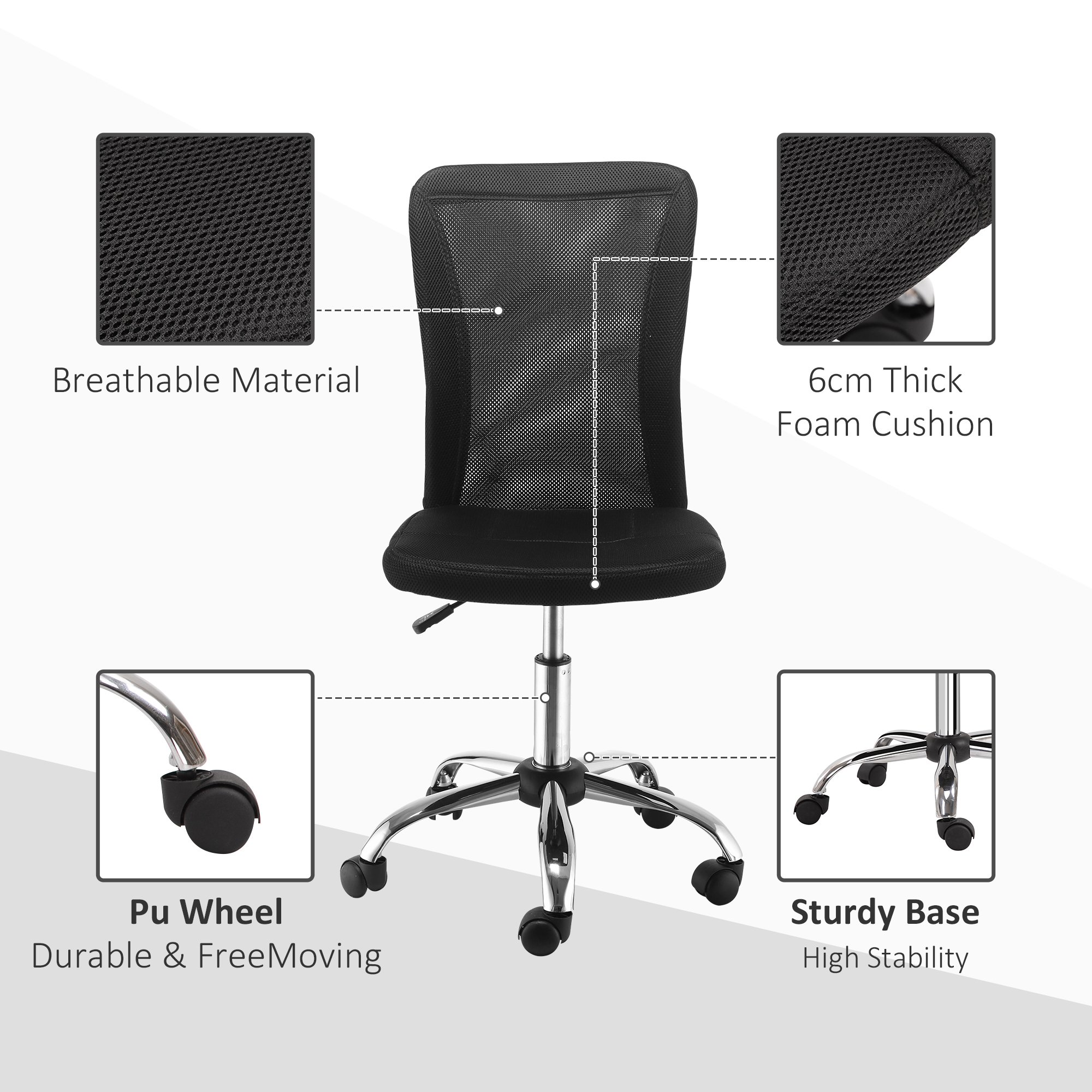 Vinsetto Office Chair, Armless Desk Chair, Adjustable Computer Swivel Chair with Rolling Wheels and Mesh Back for Home Work Study, Black 4
