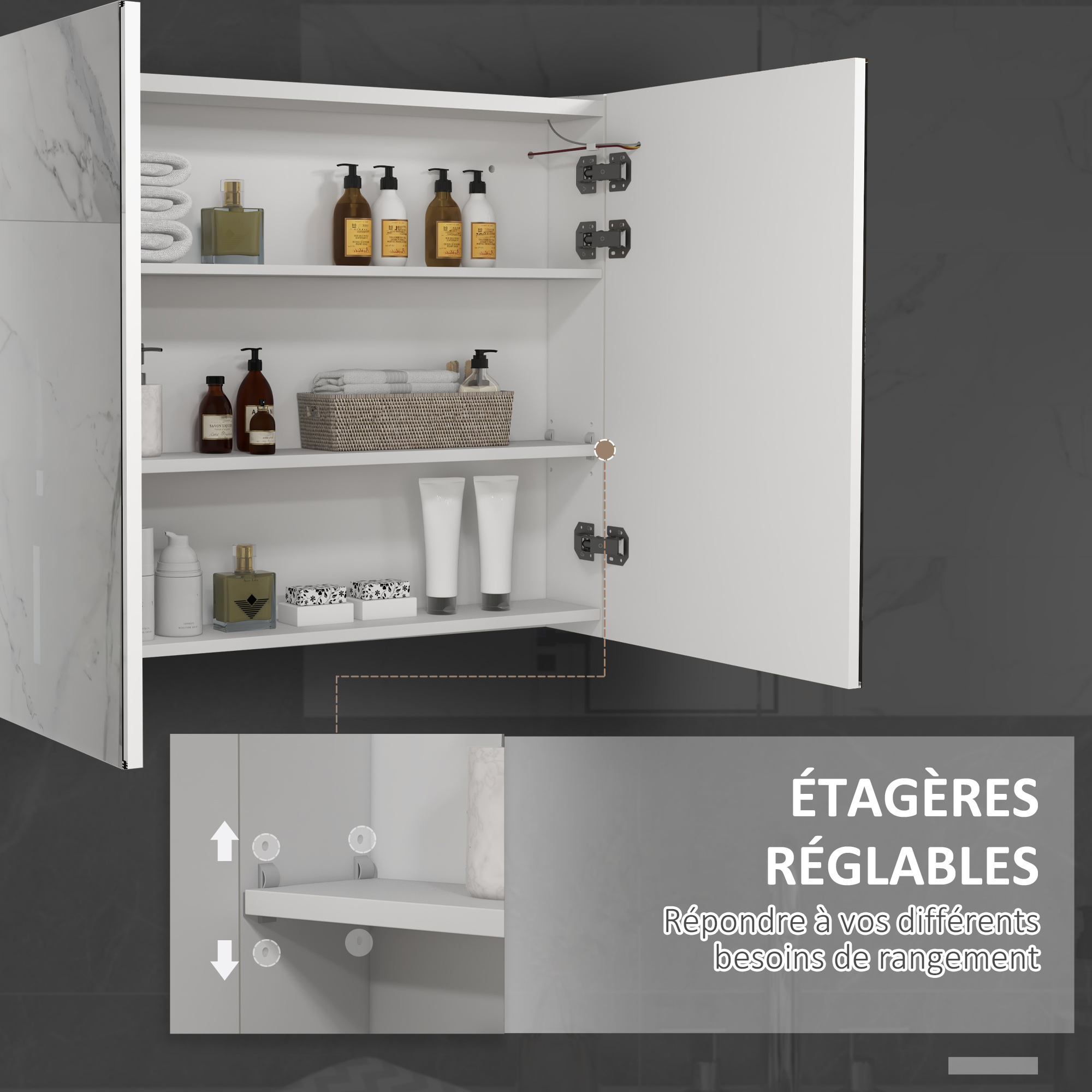 kleankin Bathroom Mirror Cabinet with Light, Bathroom Storage Cupboard with Adjustable Shelf, USB Powered, 90x15x70cm, White 6