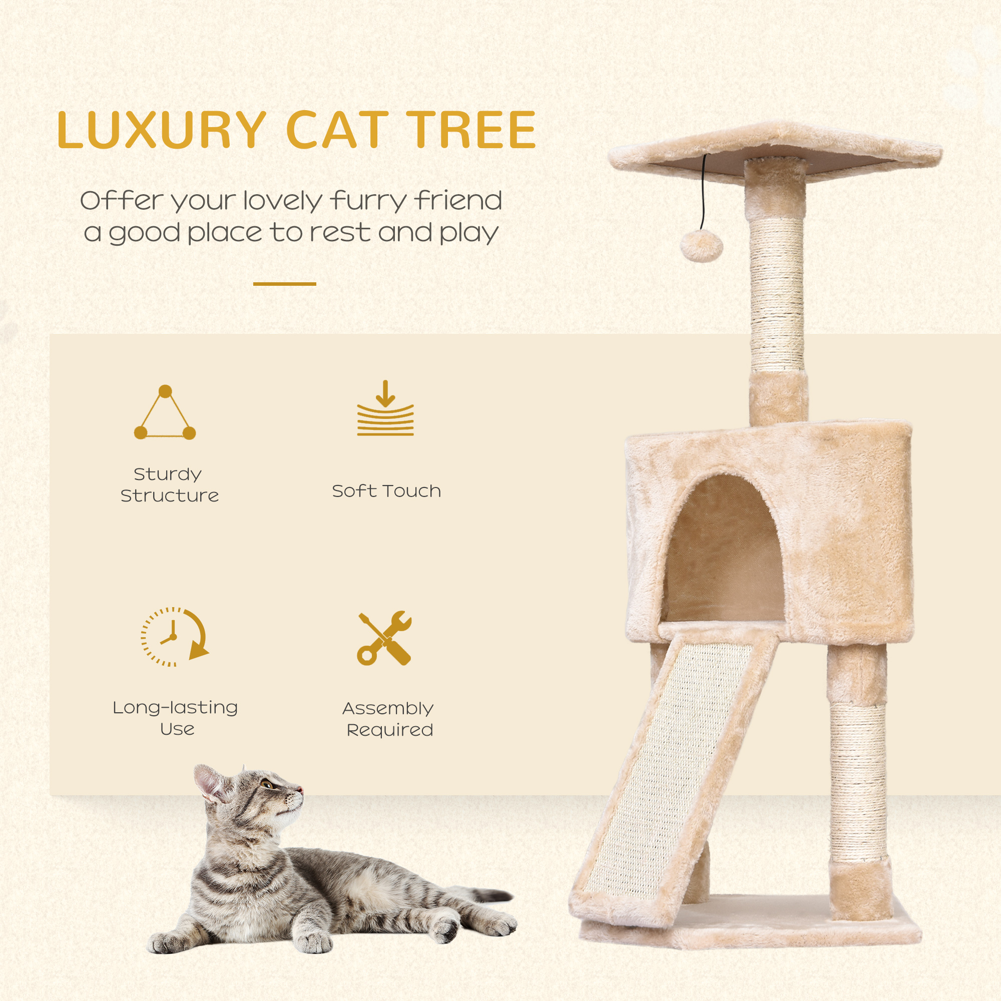 PawHut Corner Cat Tree for Indoor Cats, Kitten Tower with Scratching Post House Ladder Toy Beige 6