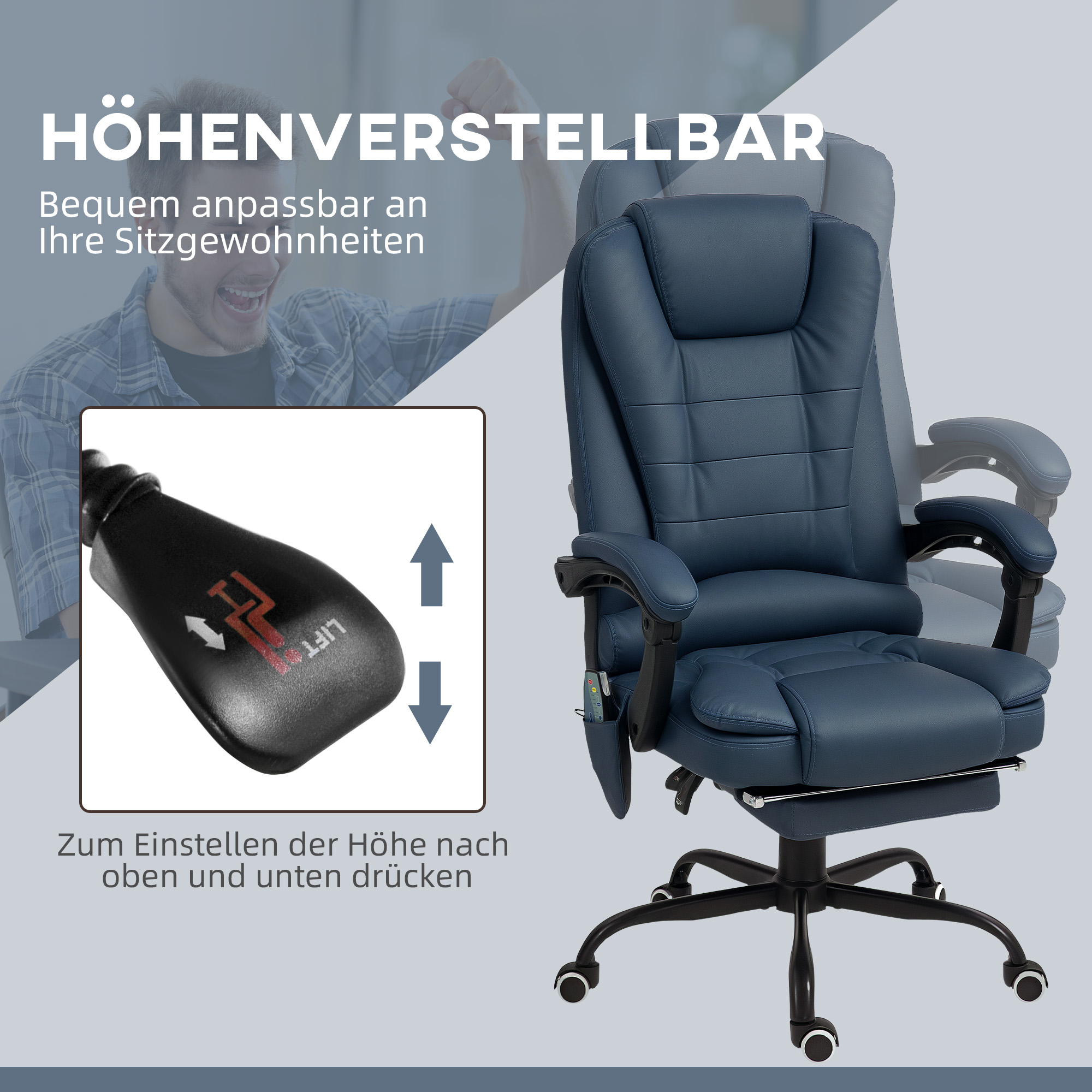 Massaažitool kontorisse, 7 vibratsioonipunkti, reguleeritav jalatugi ja seljatugi, kuni 120 kg, nahaimitatsioon, sinine