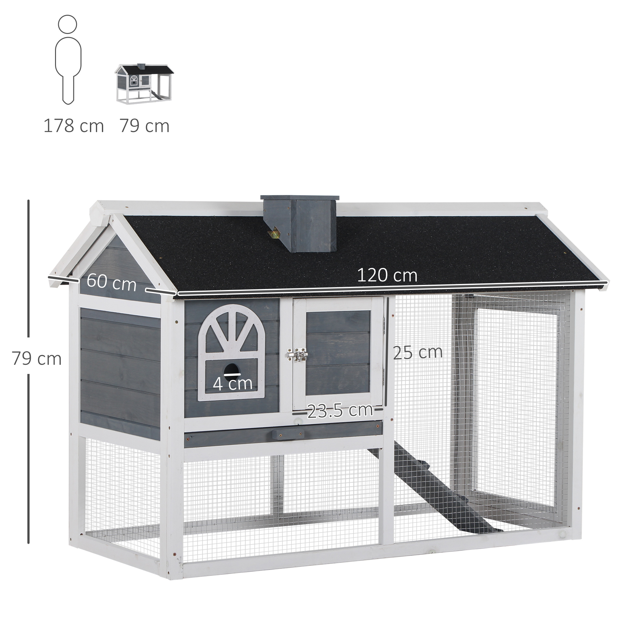 PawHut Wooden Rabbit Hutch and Run with Sliding Tray, Ramp, Water-resistant Roof, for 2-4 Rabbits, Grey 3