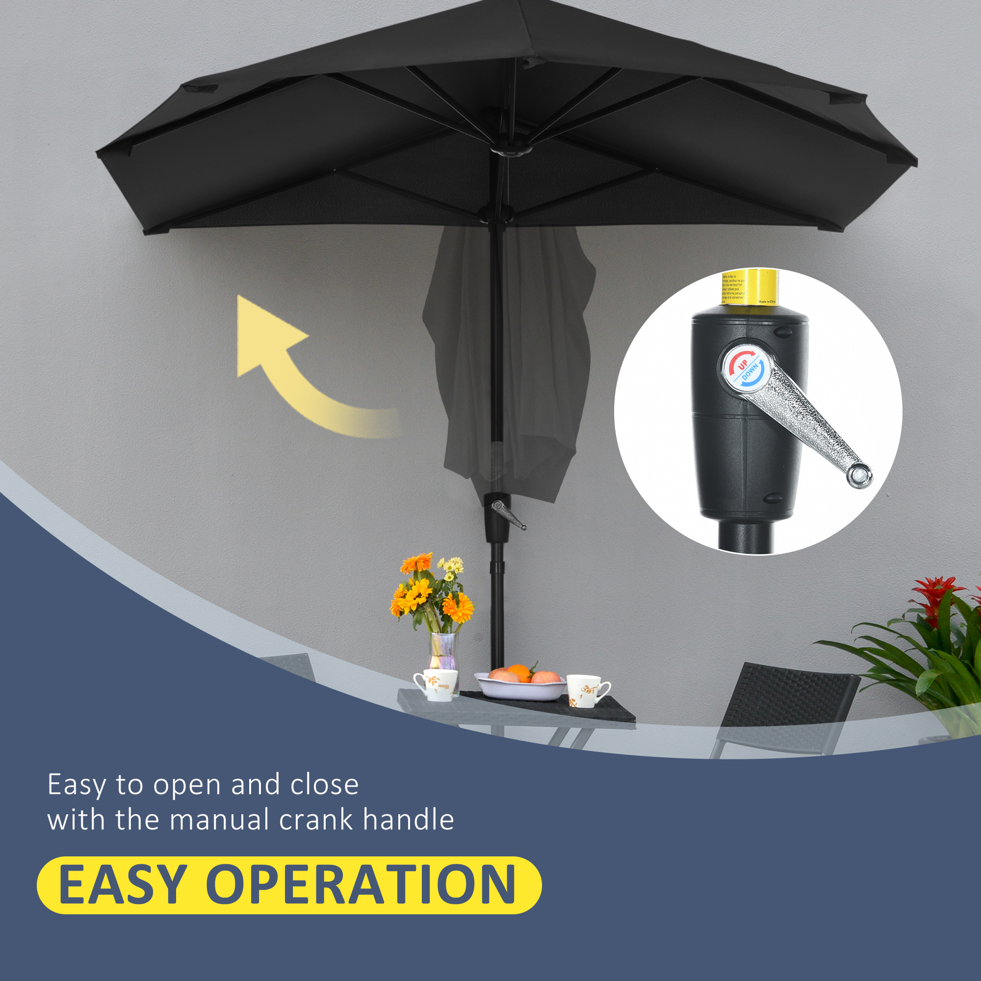 Outsunny 2m Half Parasol Market Umbrella Garden Balcony Parasol with Crank Handle, Base, Double-Sided Canopy, Black 5