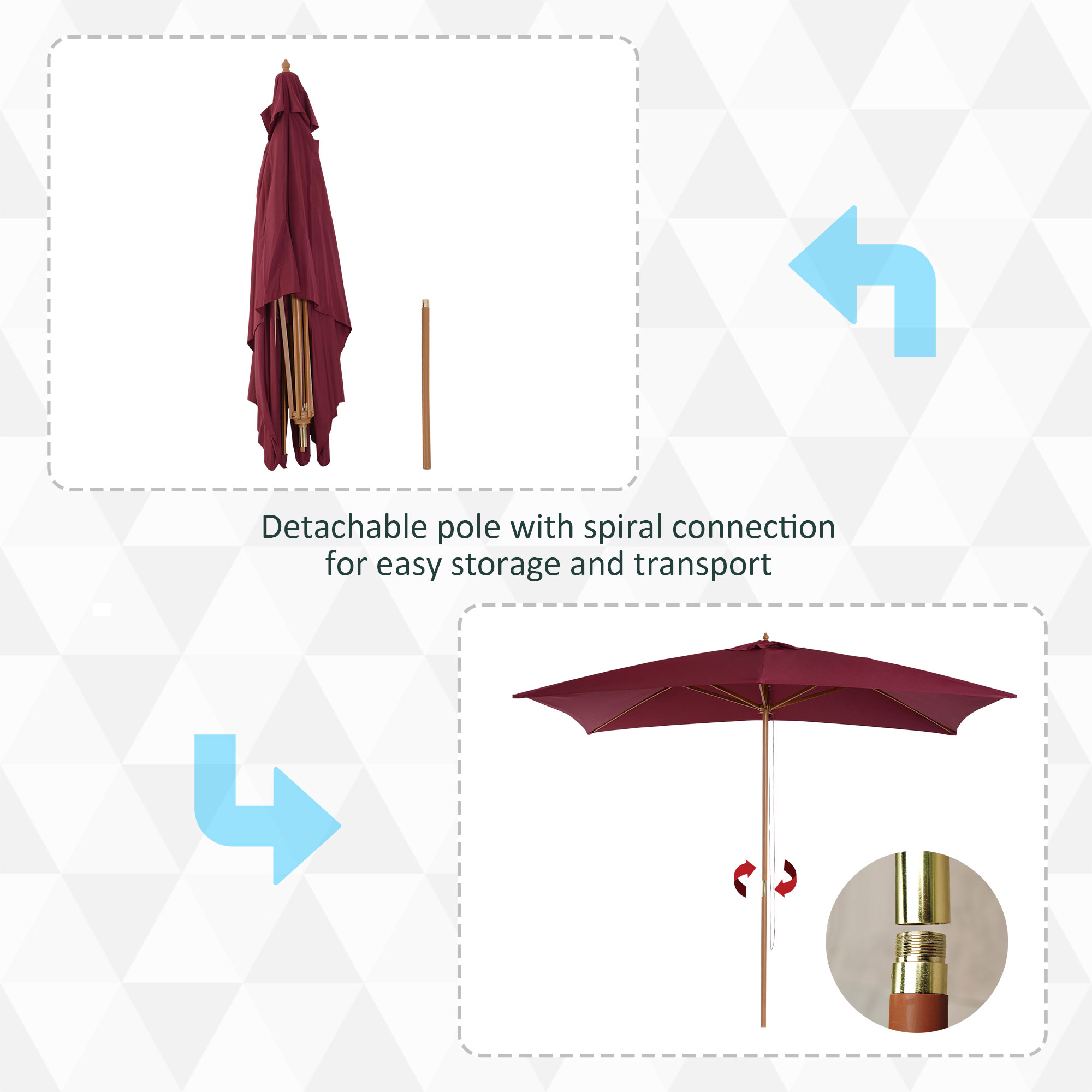 Outsunny 2 x 3m Wooden Garden Parasol Umbrella Outdoor Sun Shade Canopy, Wine Red 4