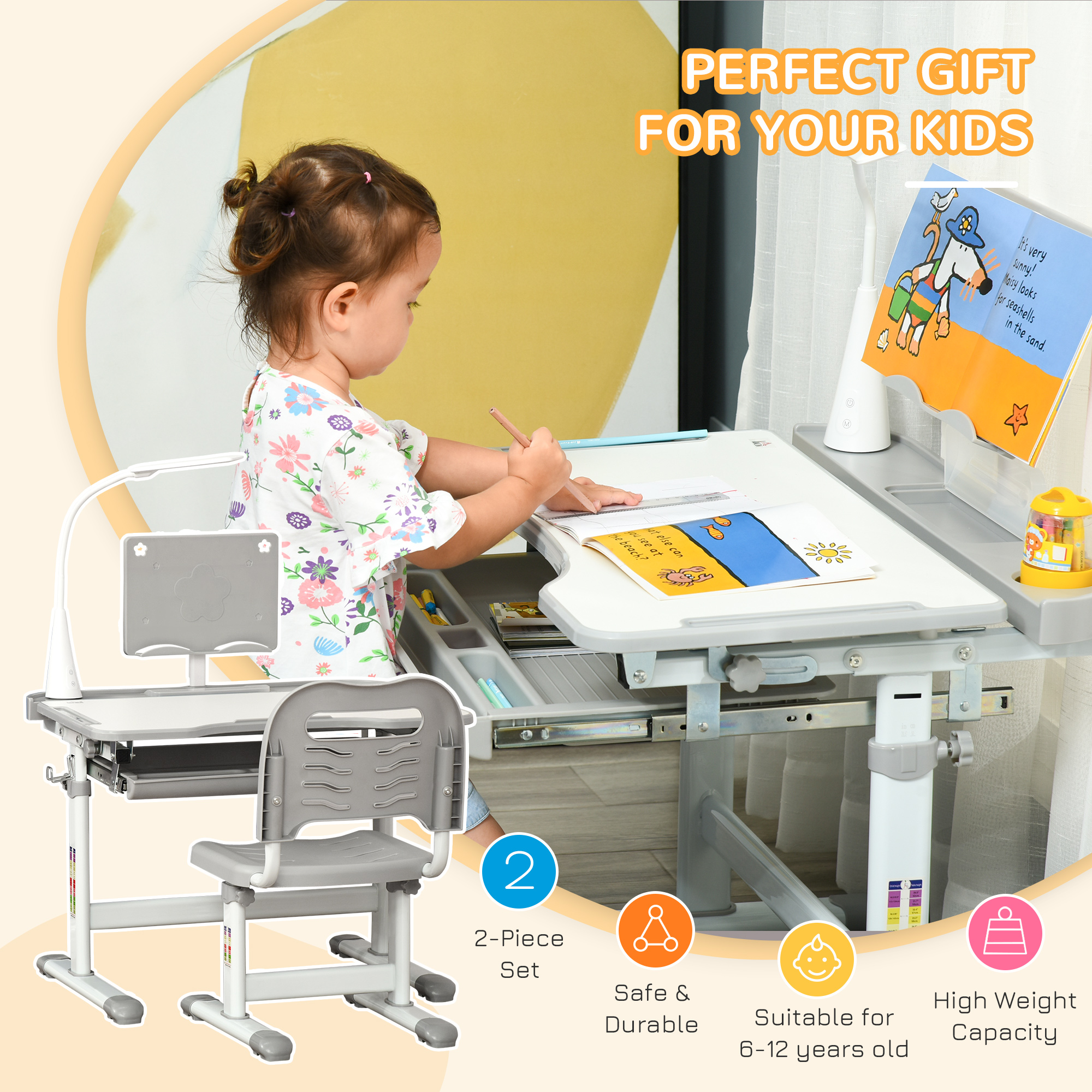 HOMCOM Kids Study Desk and Chair Set w/ Adjustable Height, Storage, Drawer, Grey 4