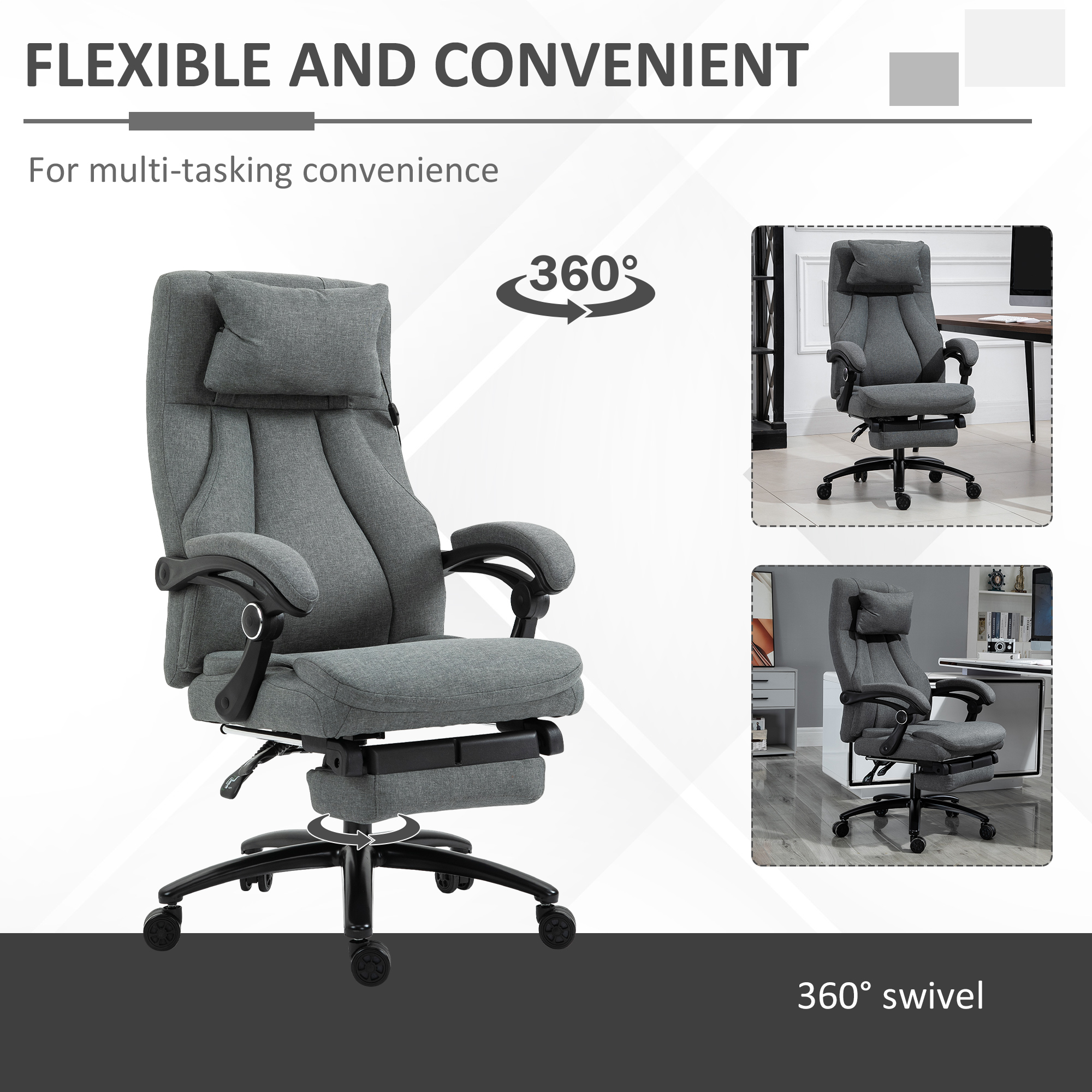 Vinsetto Office Chair, Fabric Desk Chair with Adjustable Massage Pillow, USB Power and Retractable Footrest, High Back, 360° Swivel, for Home, Grey 7