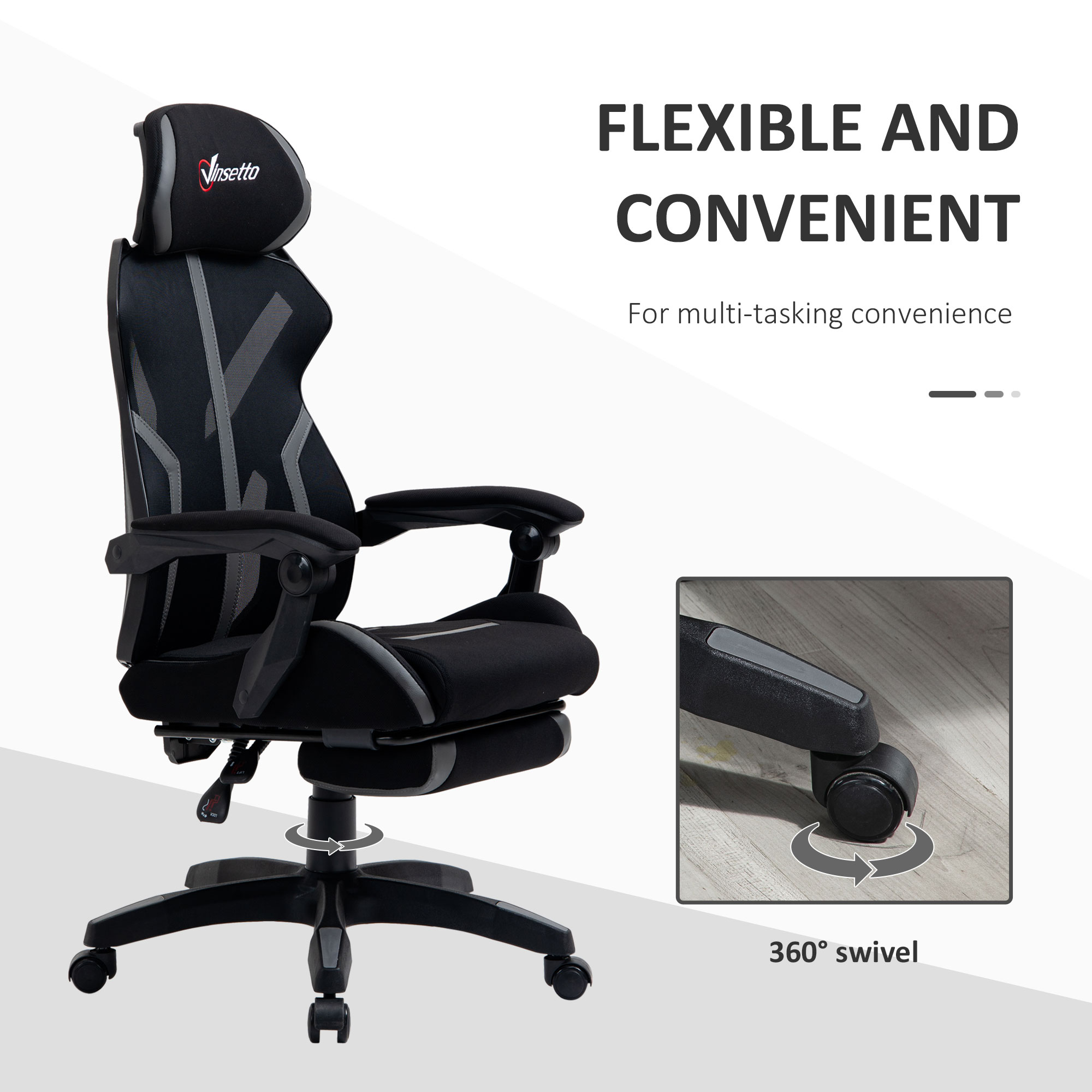 Vinsetto Mesh Office Chair Desk Task Computer Recliner with Footrest, Lumbar Back Support, Swivel Wheels, Adjustable Height for Home, Black Grey 8