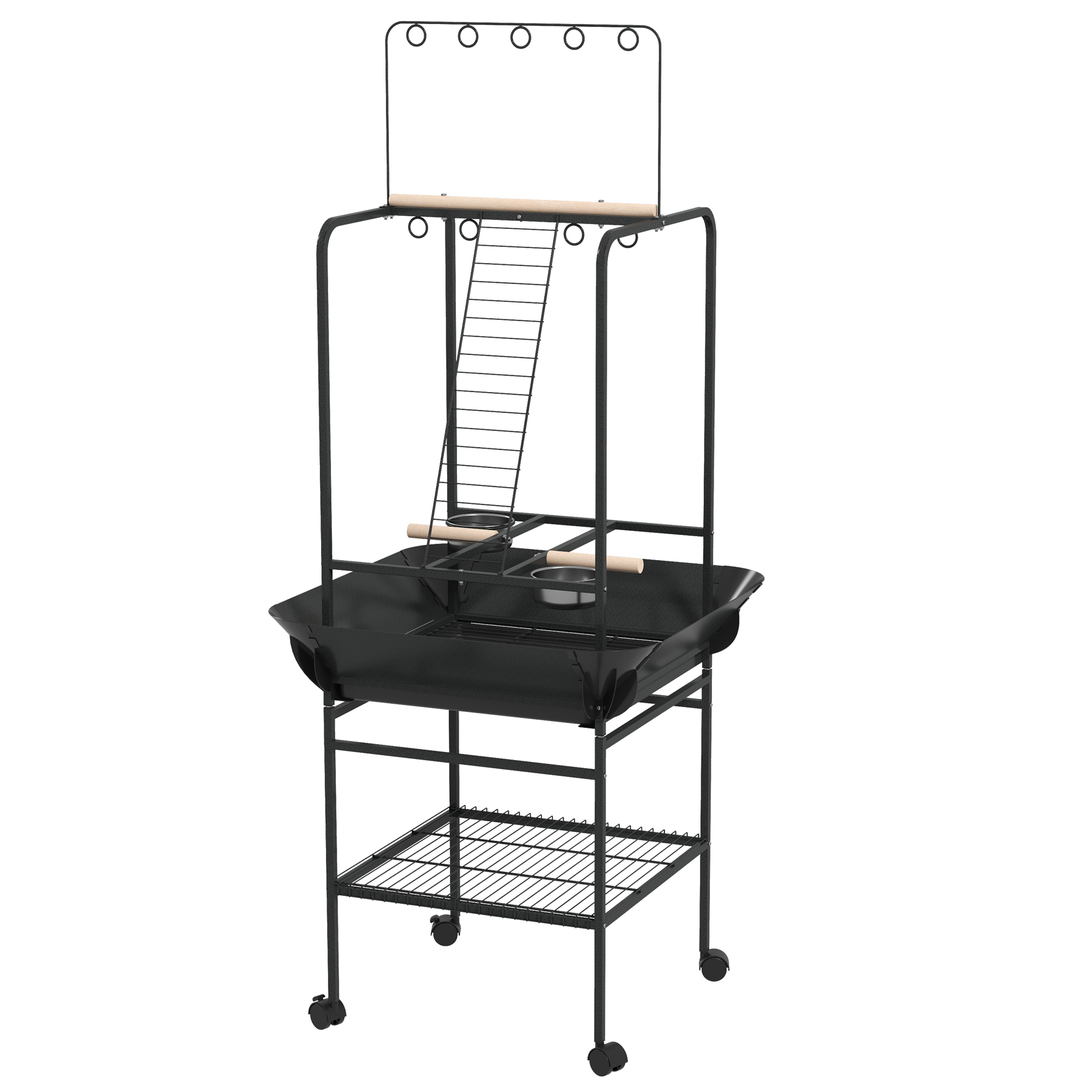 Meilleurs prix pour PawHut Aire de jeu sur roulettes pour oiseaux 3 perchoirs en bois 1 échelle 2 mangeoires en inox 155 cm gris foncé