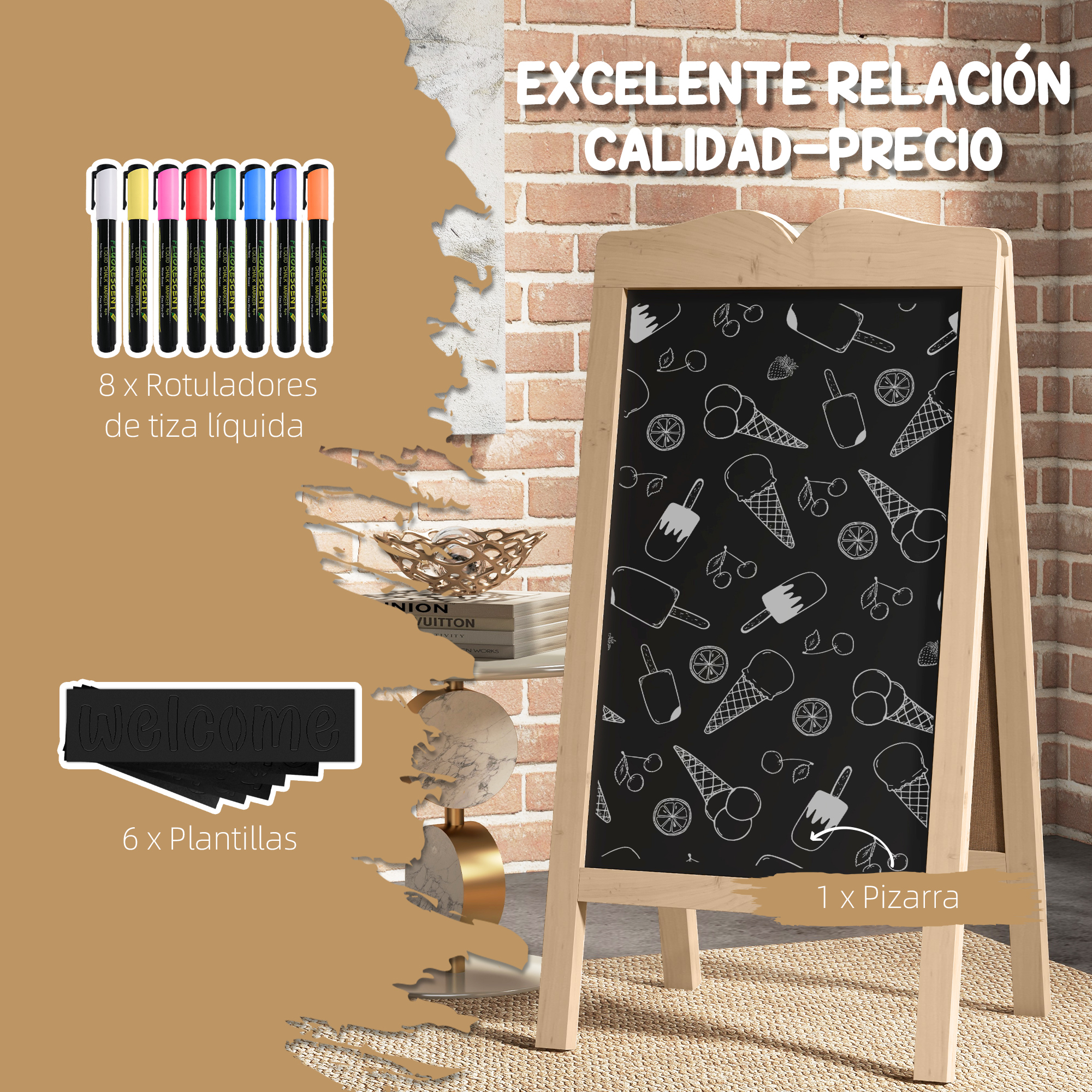 WOOMAX Pizarra Infantil Con Caballete De Madera De Doble Cara, 40x36.5x68 Cm, Incluye Tizas, Borrador Y Rotulador, Pizarra Magnética Y De Tiza, Para Niños +3 Años