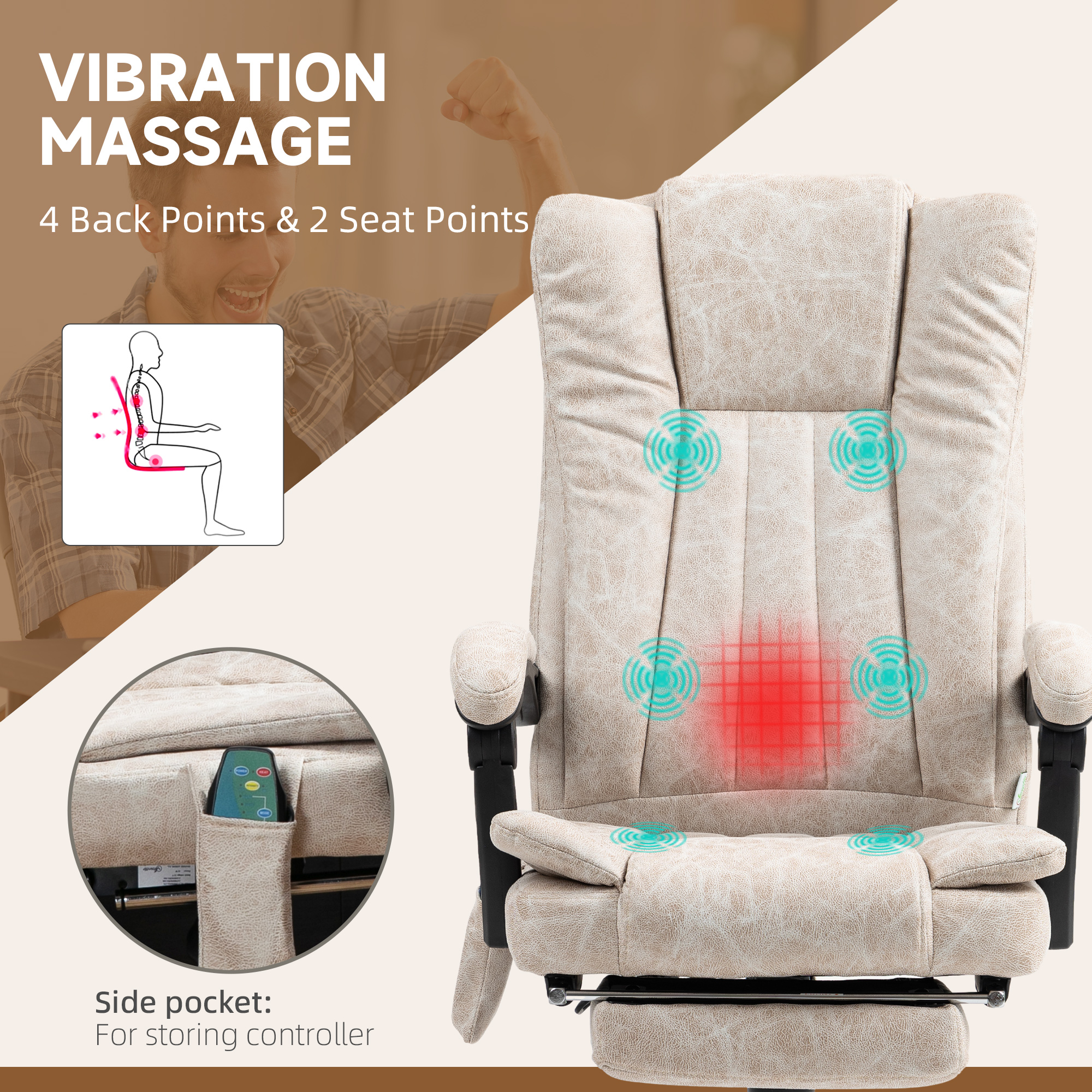 Vinsetto Vibrating Massage Office Chair with Heat, Desk Chair with Height Adjustable and Footrest, Cream White 4