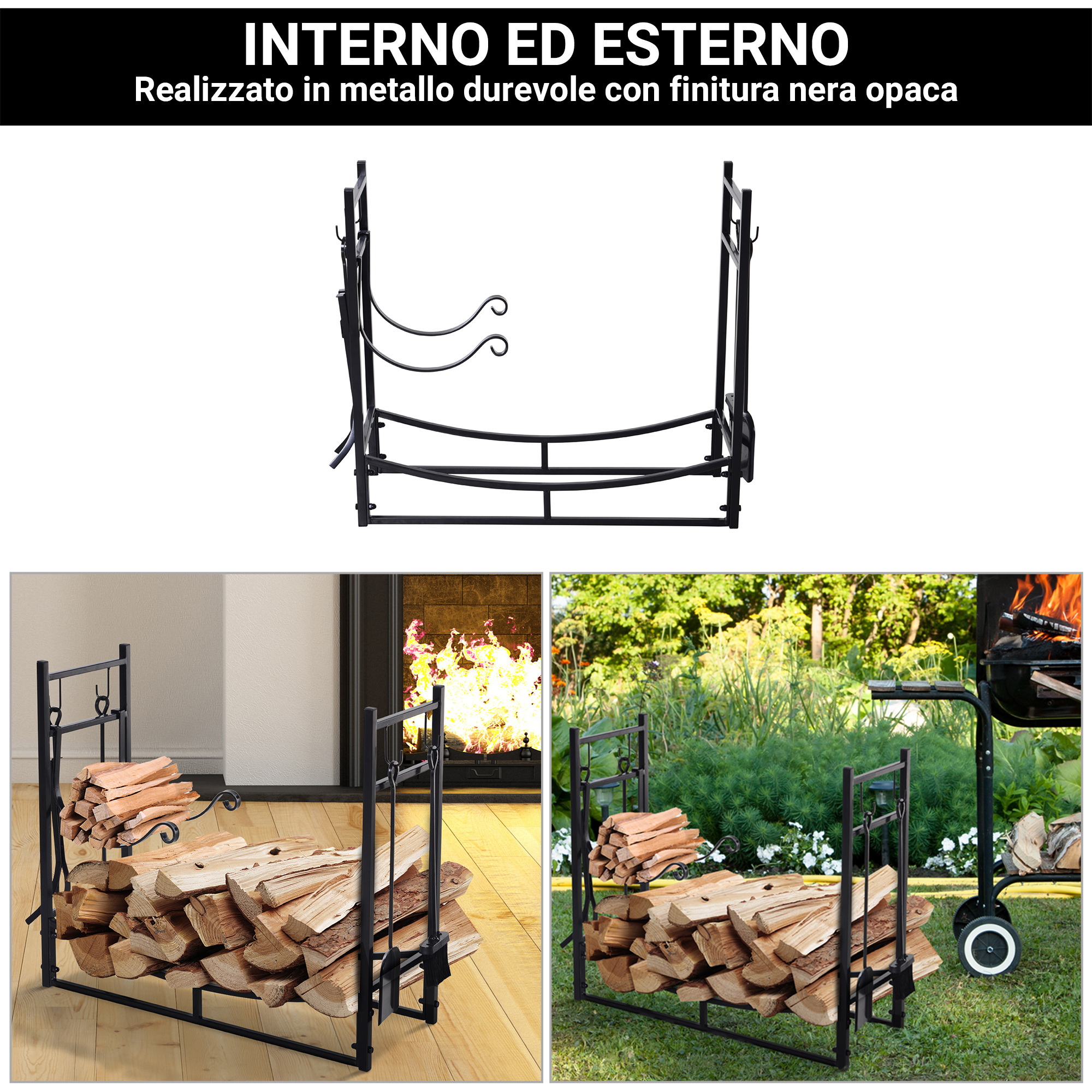 Portalegna Da Esterno/Interno In Metallo Con Accessori - Paletta, Scopa, Pinza E Attizzatoio - Foto 11