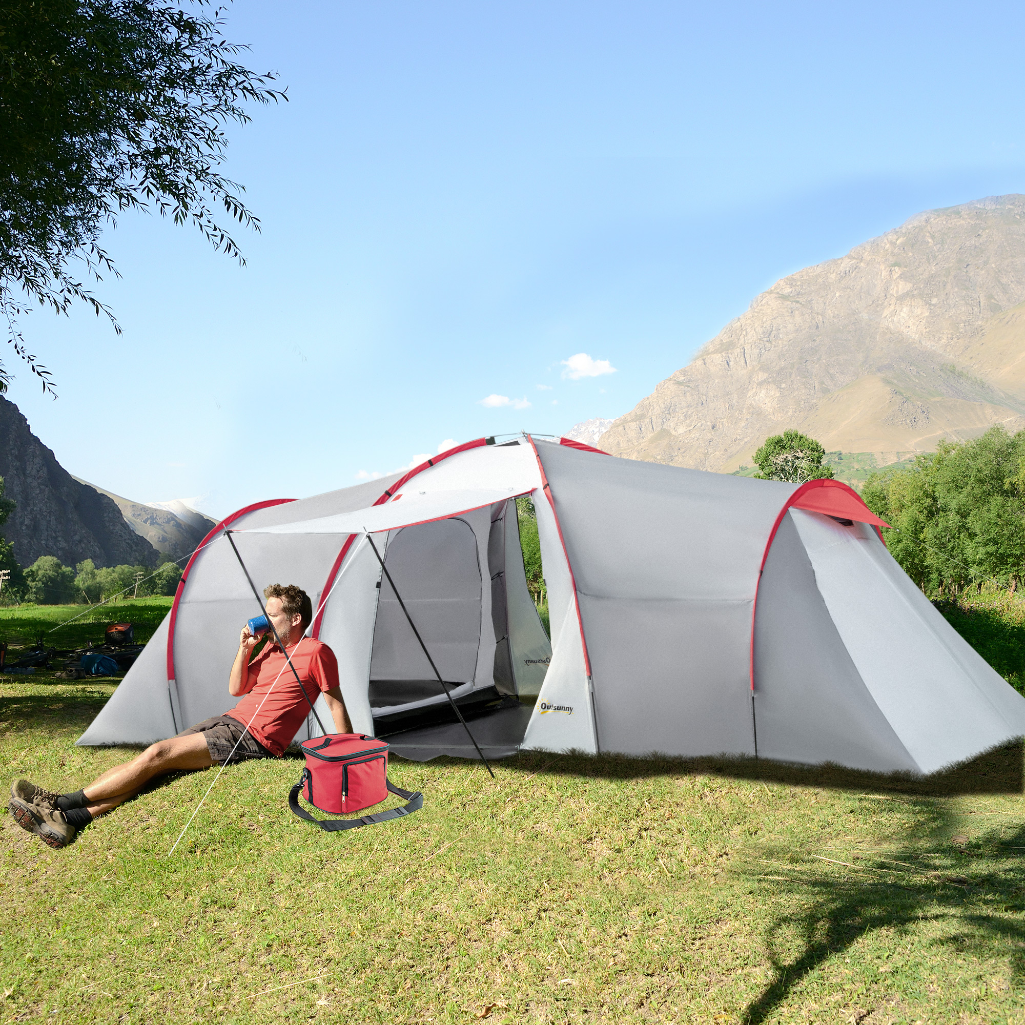 Outsunny Four-Man Tunnel Tent, with Two Bedrooms and Living Room Grey/Red 2