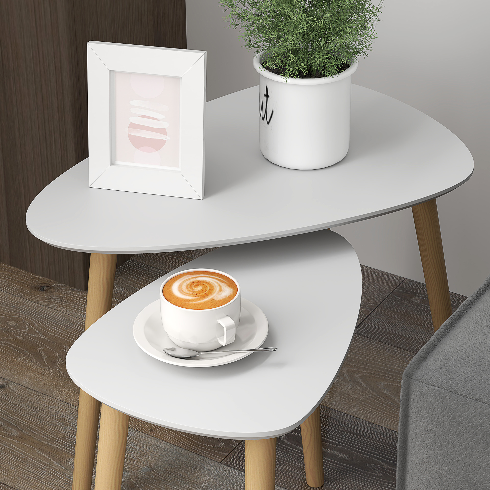 HOMCOM Nesting Coffee Table, Set of 2 Side Tables, Stacking End Tables with Solid Wood Legs, for Living Room Bedroom, Light Grey 7