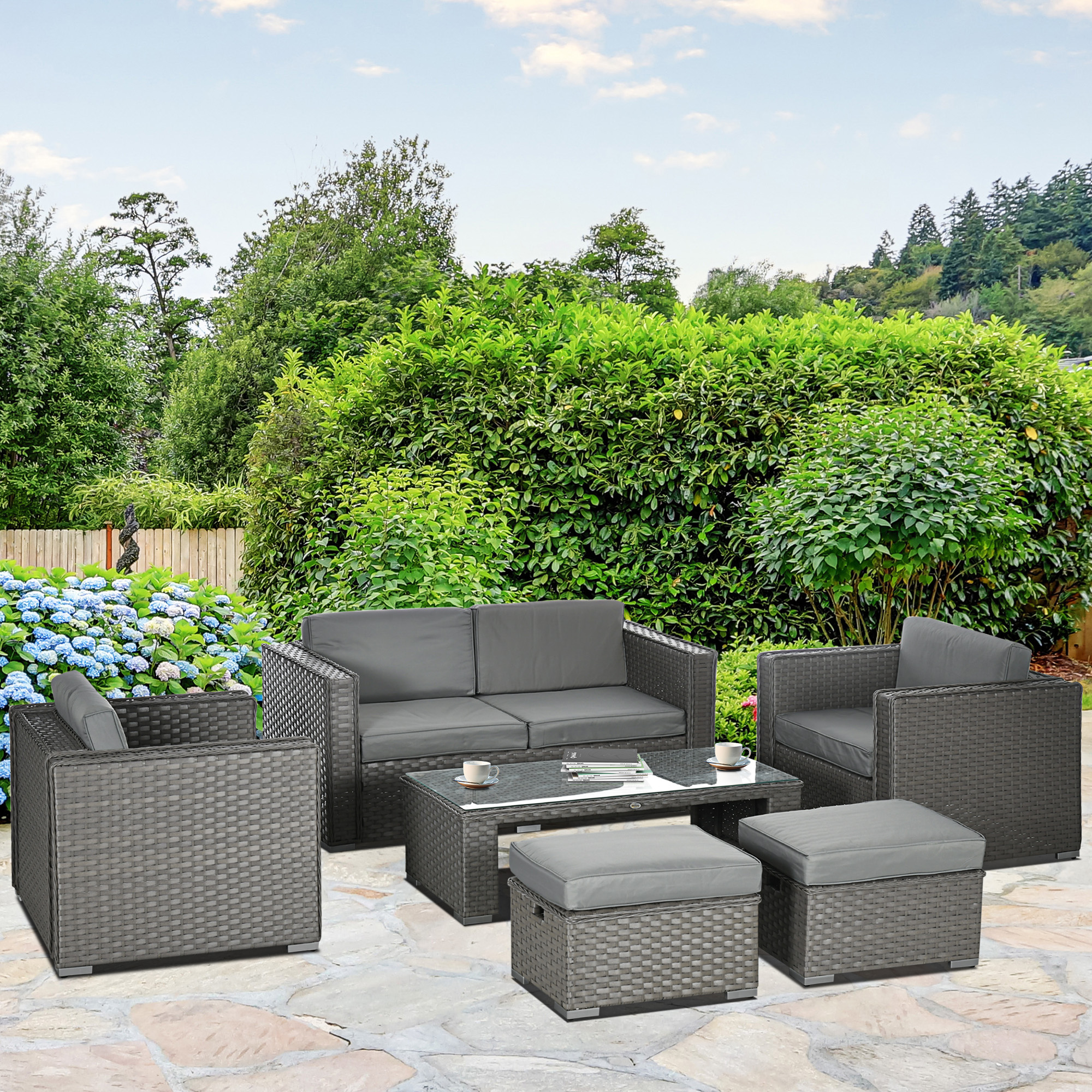 Outsunny 6PC Garden Rattan Sofa Set Bonzer Outdoor Furniture Patio Table Loveseat Stool Lounging Ottoman Aluminium Frame Wicker Weave Conservatory Grey 2