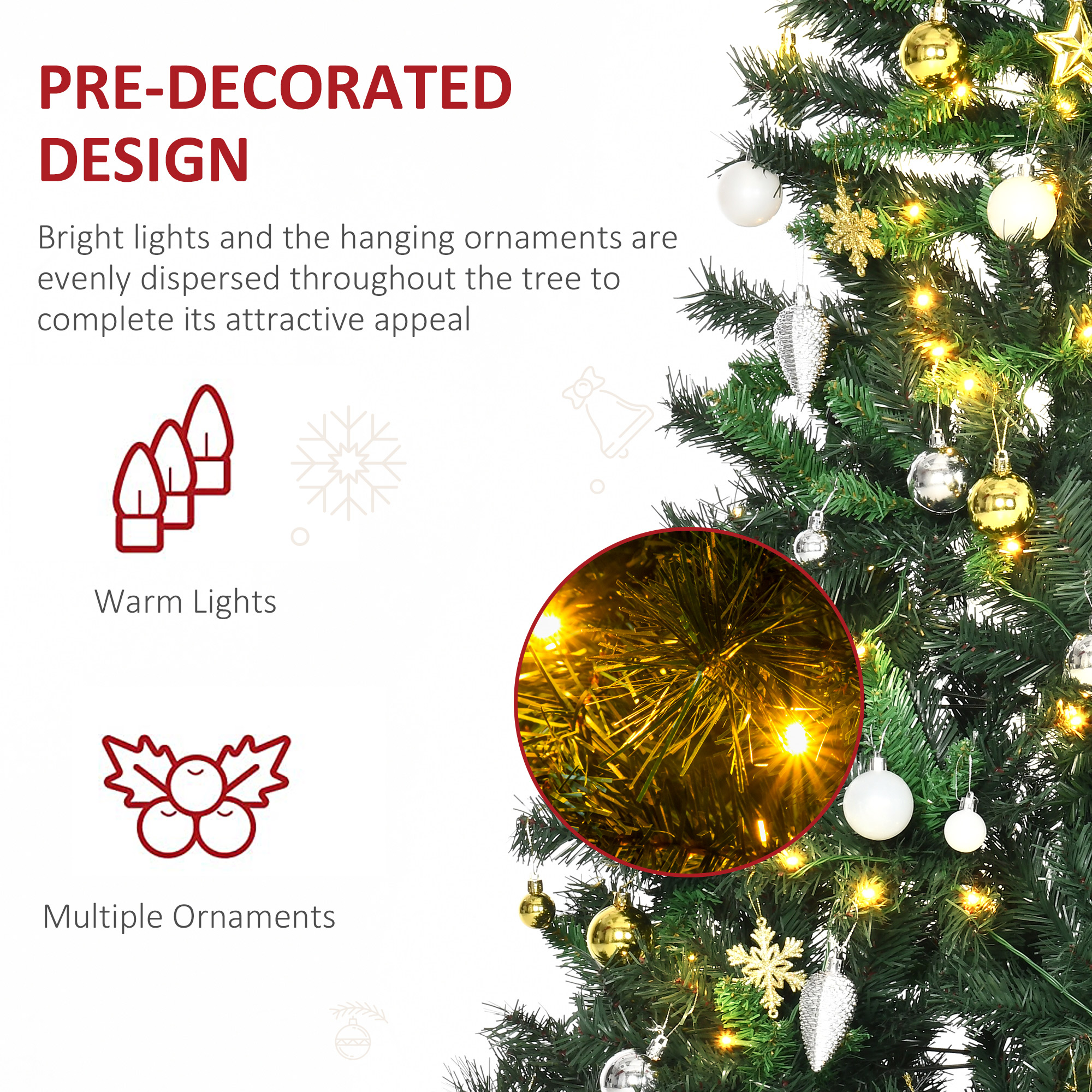 HOMCOM 1.8m 6ft Pre-Lit Artificial Christmas Tree 200 LED Xmas Tree Holiday Décor with Decorative Balls Ornament Metal Stand 5