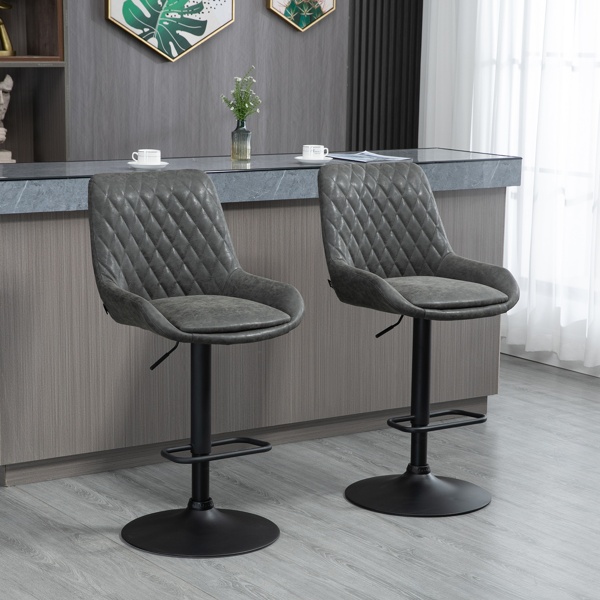 HOMCOM Retro Bar Stools Set of 2, Adjustable Kitchen Stool, Upholstered Bar Chairs with Back, Swivel Seat, Dark Grey 2